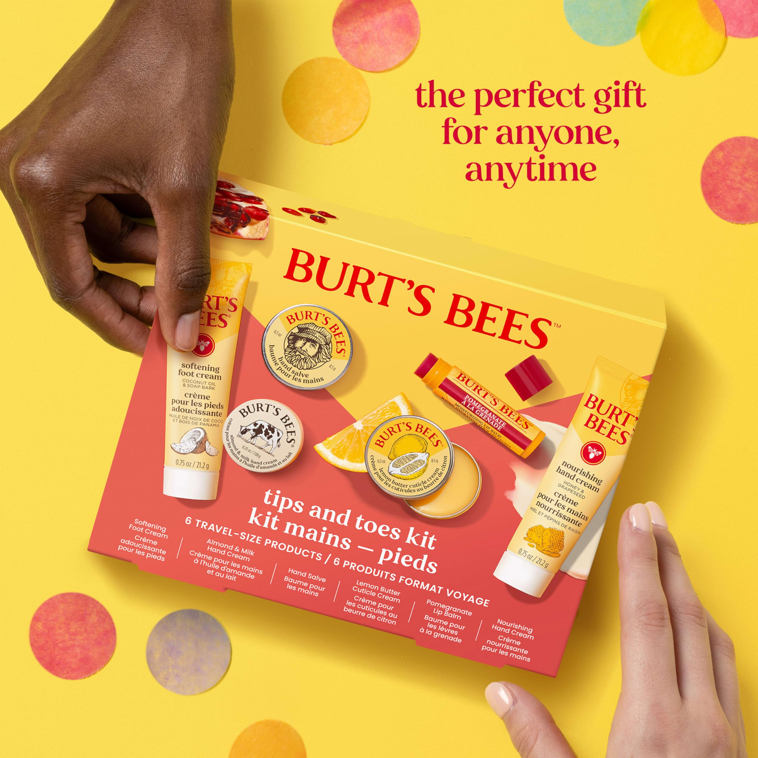 Burt's Bees Mothers Day Gifts Ideas, Tips and Toes Kit, 6 Travel Size Products - Pomegranate Moisturizing Lip Balm, 2 Hand Creams, Foot Cream, Cuticle Cream, and Hand Salve