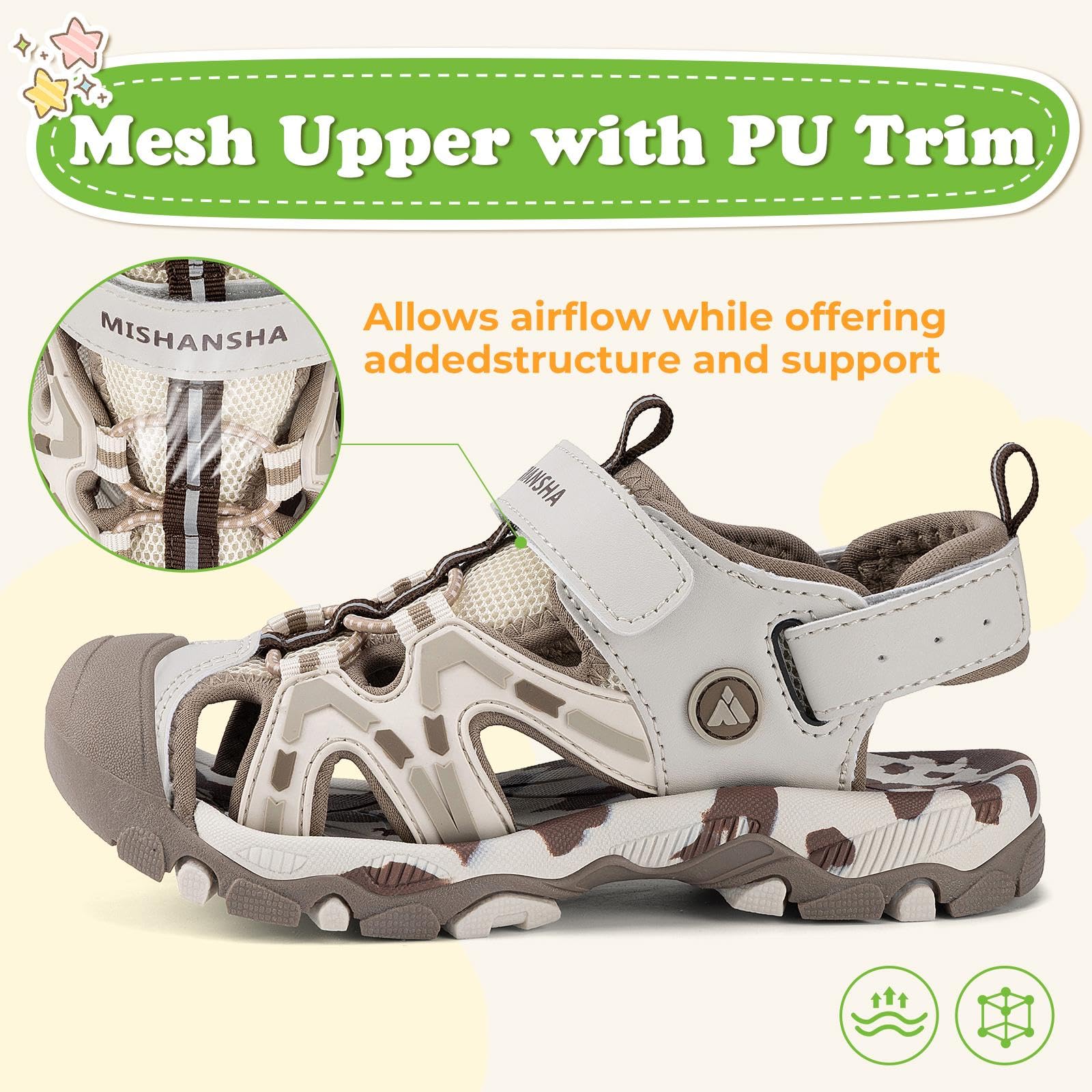 Mishansha Girls Boys Hiking Athletic Sandals Kids Closed Toe Adjustable Straps Water Sandals for Outdoor Summer Grey 2.5 Big Kid