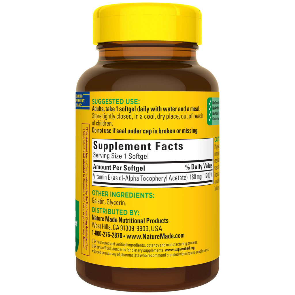 Nature Made Vitamin E 180 mg (400 IU) dl-Alpha, Dietary Supplement for Antioxidant and Skin Support, 180 Softgels, 180 Day Supply