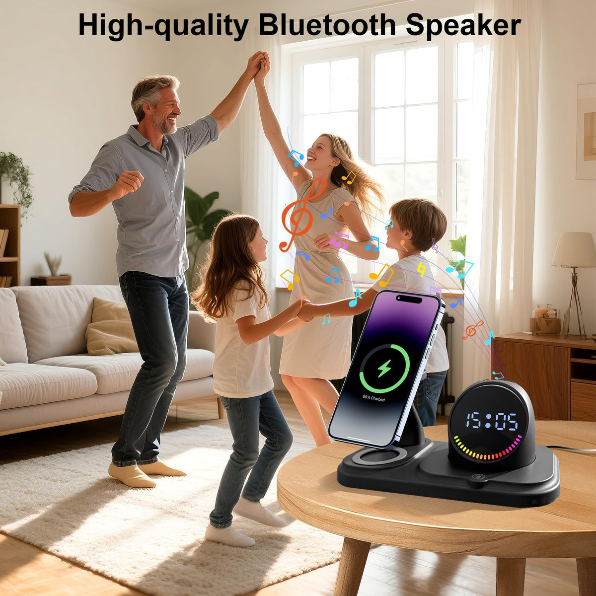 6-in-1 Wireless Charging Station with Bluetooth Speaker,Digital Clock and Ambient Lights,Fast Wireless Charger for Multiple Devices for Apple - iPhone 17 16 15 14 13 12 Pro Max Apple Watch Airpods