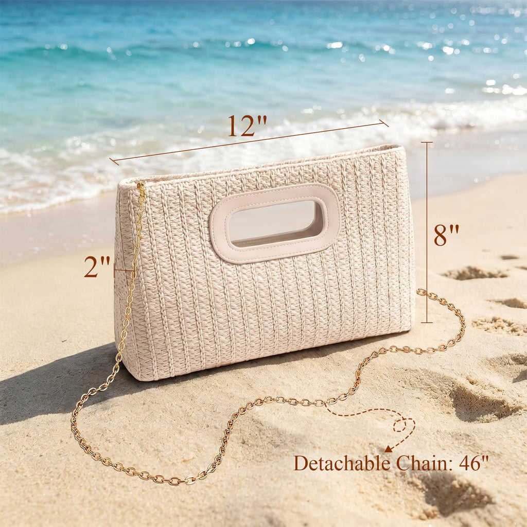 XquiziFit Straw Purse Summer Purse Straw Bag Beach Purse with Detachable Chain Beige Woven Purse