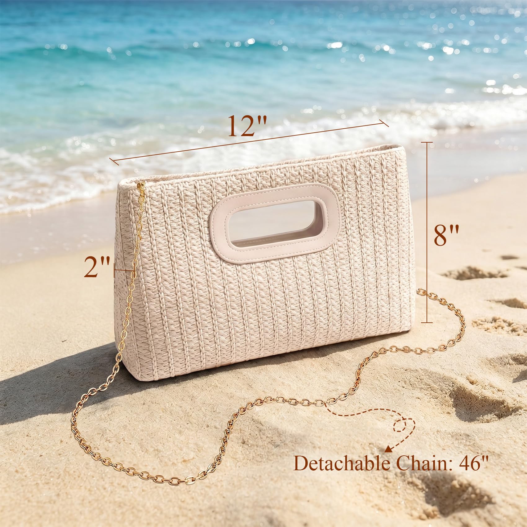 XquiziFit Straw Purse Summer Purse Straw Bag Beach Purse with Detachable Chain Beige Woven Purse