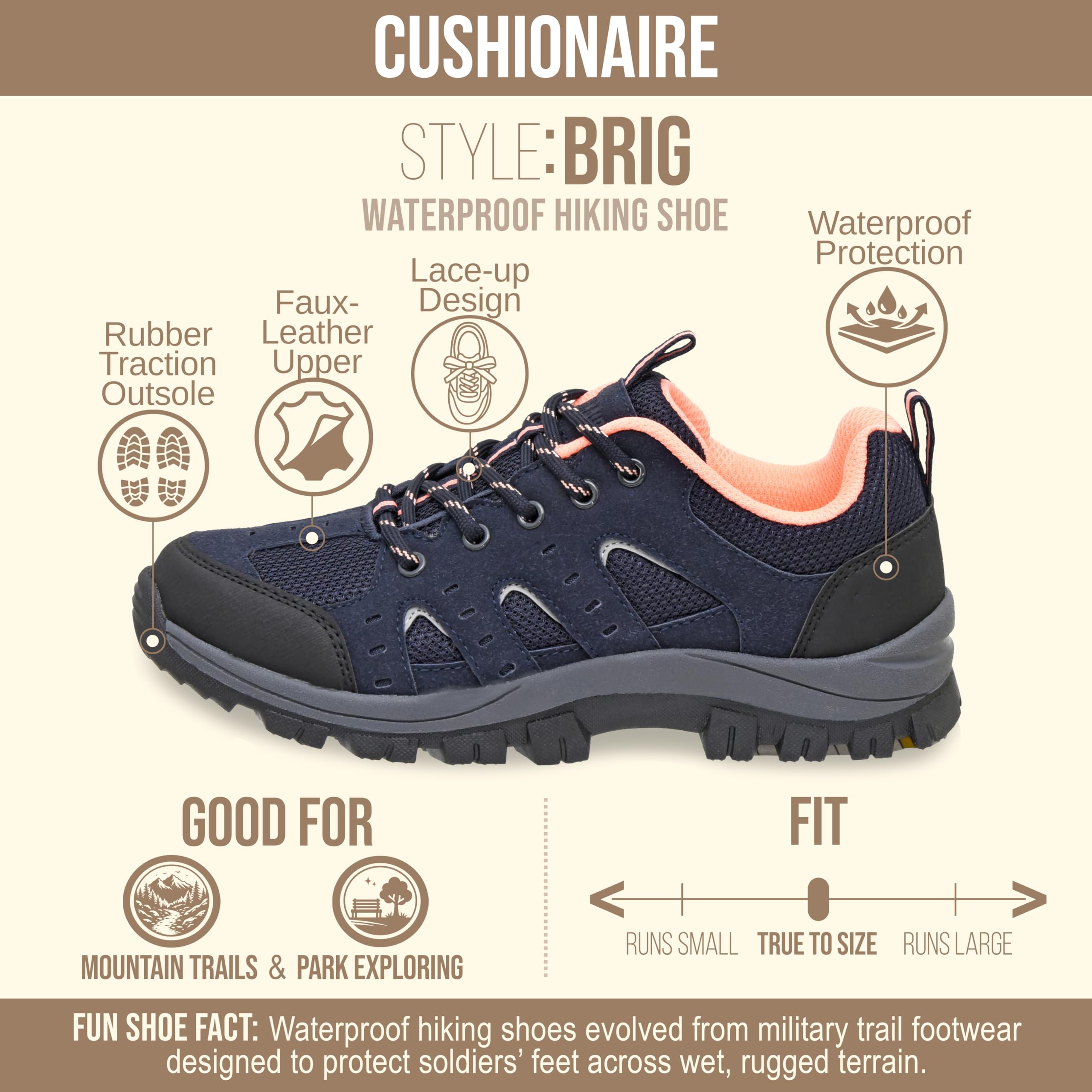 CUSHIONAIRE Brig Womens Hiking Shoes, Supportive Trail Shoes for Women with Waterproof Protection and Arch Support