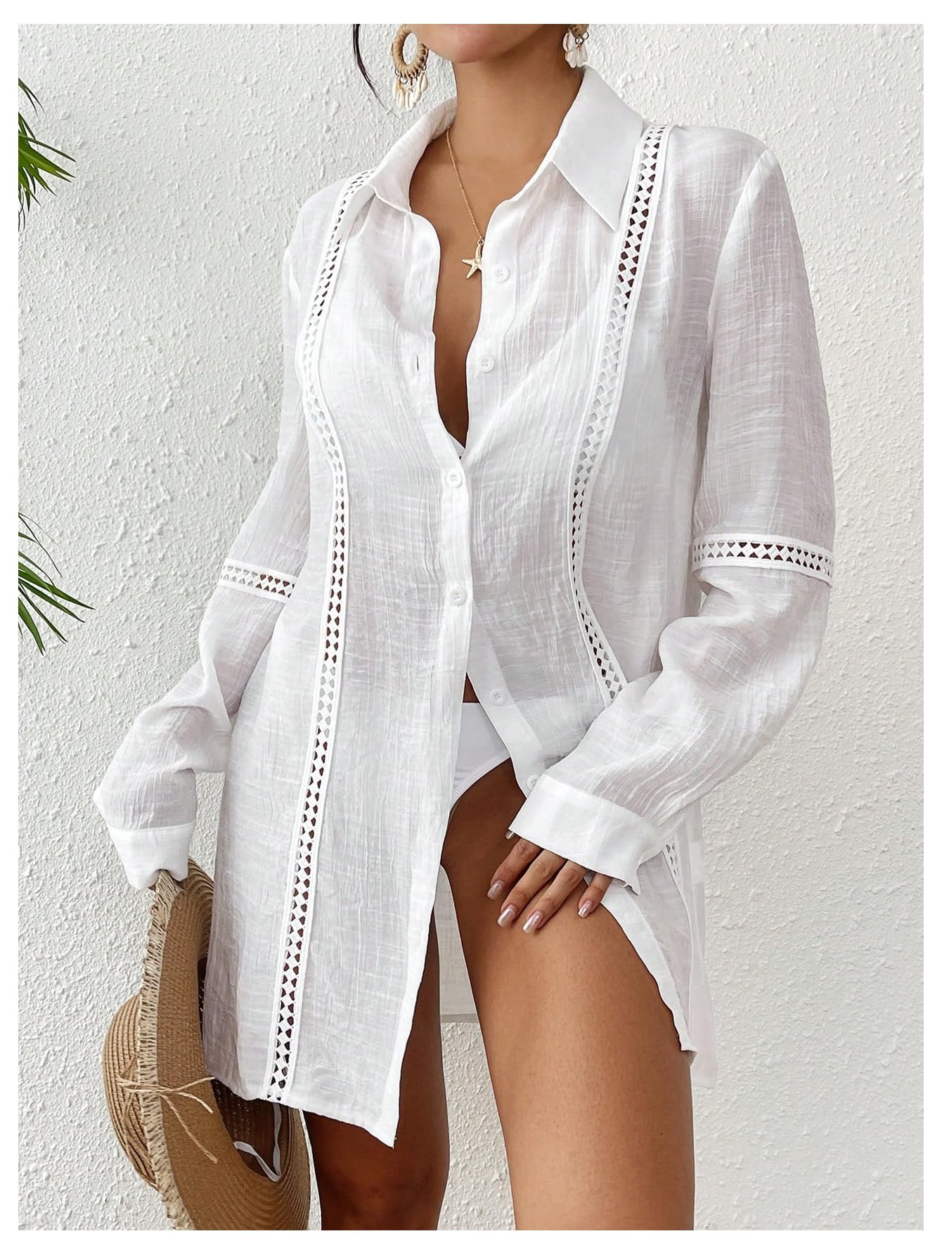 WDIRARA Women's Swim Cover Up Long Sleeve Button Down Kimono Beach Shirts Coverups White Small