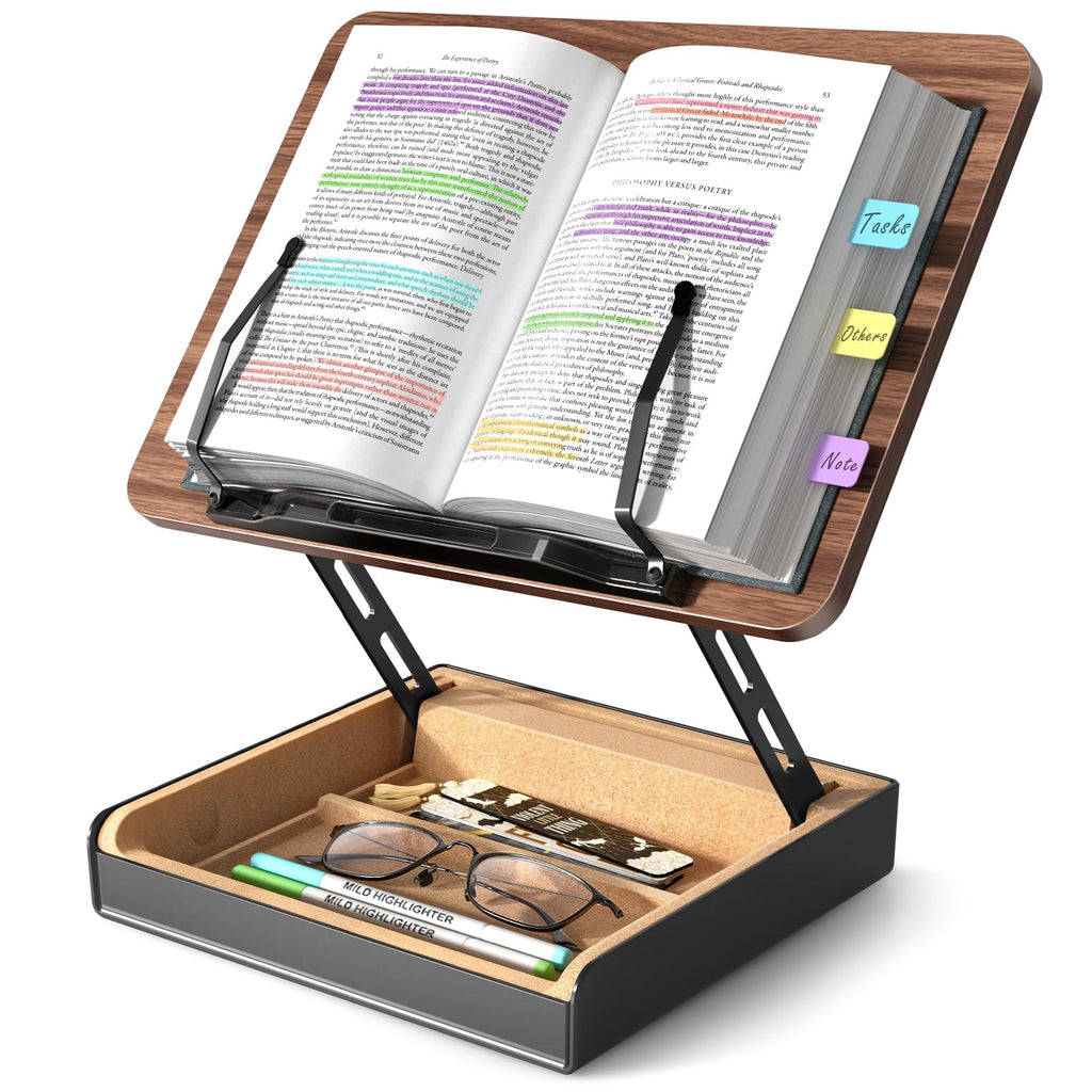 HUMANCOZY Book Stand with Storage, Book Holder for Reading Hands Free, Wooden Cookbook Stand for Kitchen Counter, Adjustable Reading Stand for Desk, Recipe Stand, Book Prop for Book Lovers