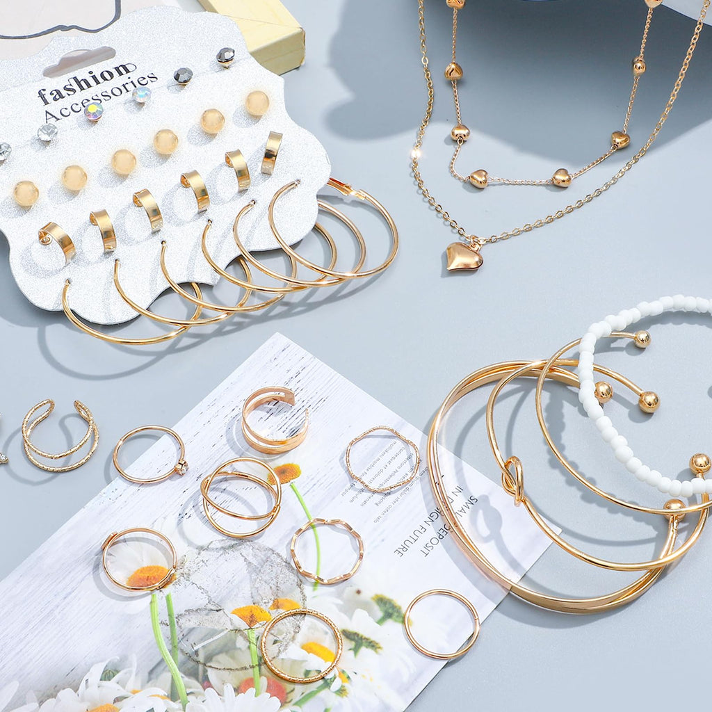 NEWITIN 49 Pieces Gold Jewelry Set for Women Fashion Costume Jewelry Gold Plated Necklace Bracelet Ring Earrings Set for Women