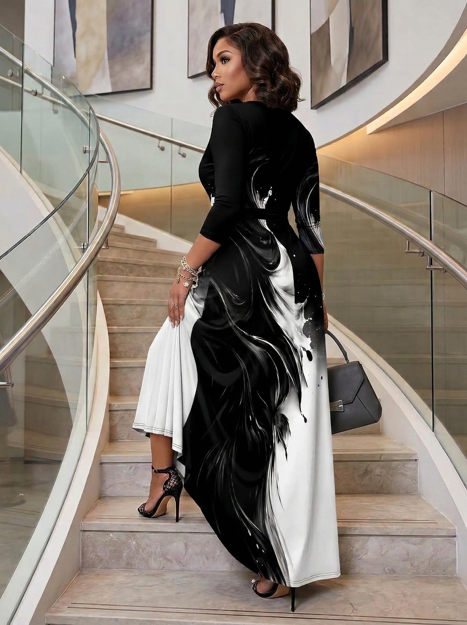 PinkPatty Plus Size Maxi Dress for Women 3/4 Sleeve V Neck Long Dress Casual Party Sundress with Belt (A-Black/White Ink Splash 2XL)