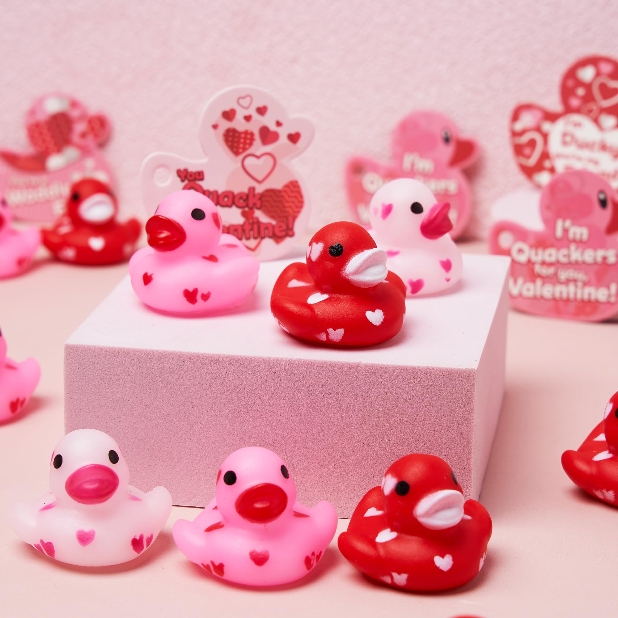 JOYIN 24 Pcs Valentine’s Day Mini Rubber Duck 1.2 Inches with Gift Cards, Small Rubber Duckies with Duck Card Tags, Rubber Duck Bath Toys for Classroom Exchange Prizes, Valentine Party Favors Toys