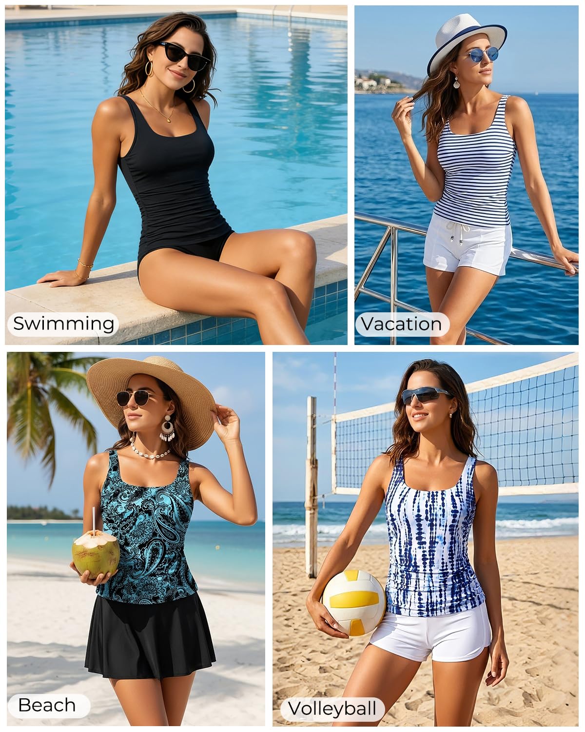 Aqua Eve Tankini Tops for Women Swimwear Top Only Tummy Control Bathing Suit Top No Bottom (Available in Plus) Black L