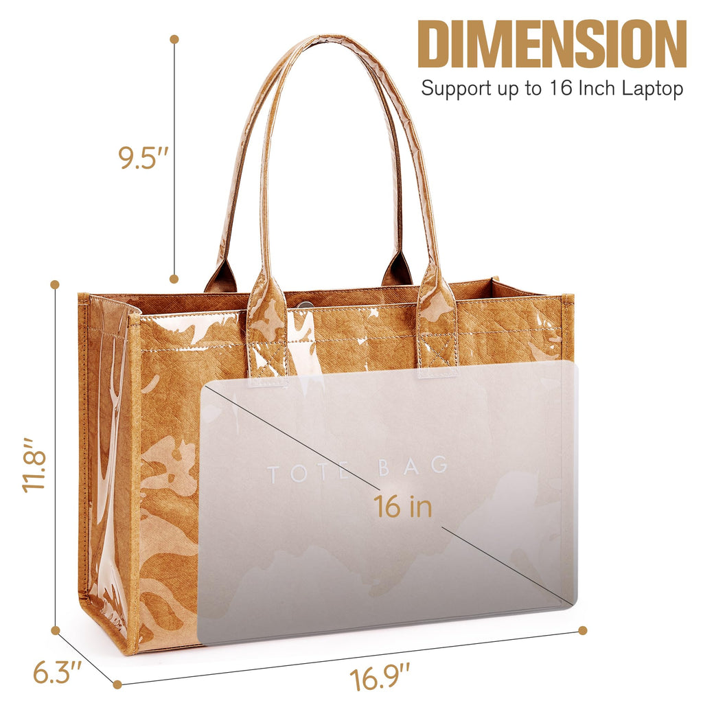 KALIDI PVC Tote Bag Women’s Kraft Paper Work Handbags Purses with Top Handle,Brown