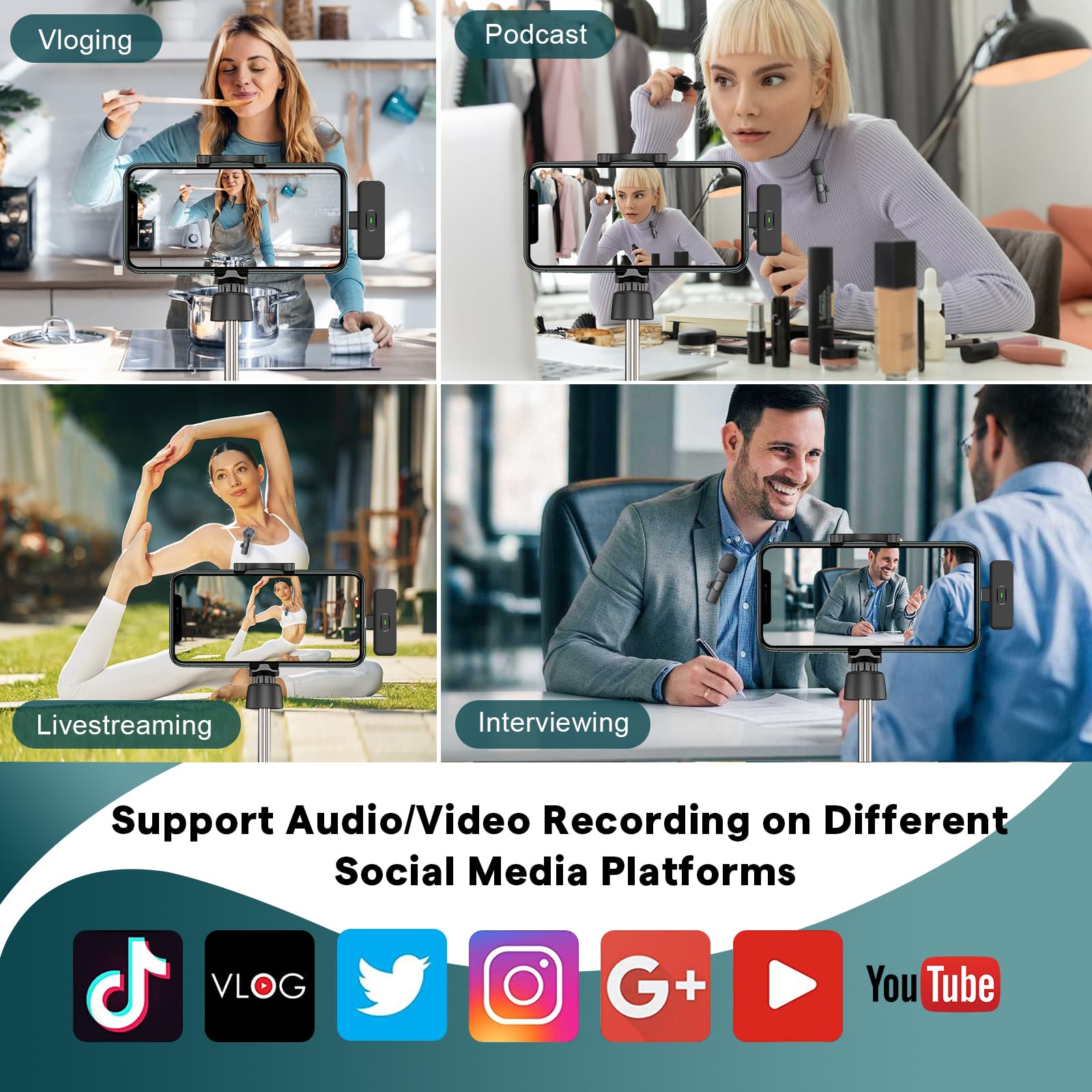 MAYBESTA Wireless Mini Microphone for iPhone, Android Phone - Bluetooth Lavalier Lapel Mic for Audio Video Recording - Clip on Content Creator Microphones for YouTube Tiktok Podcast Vlogging
