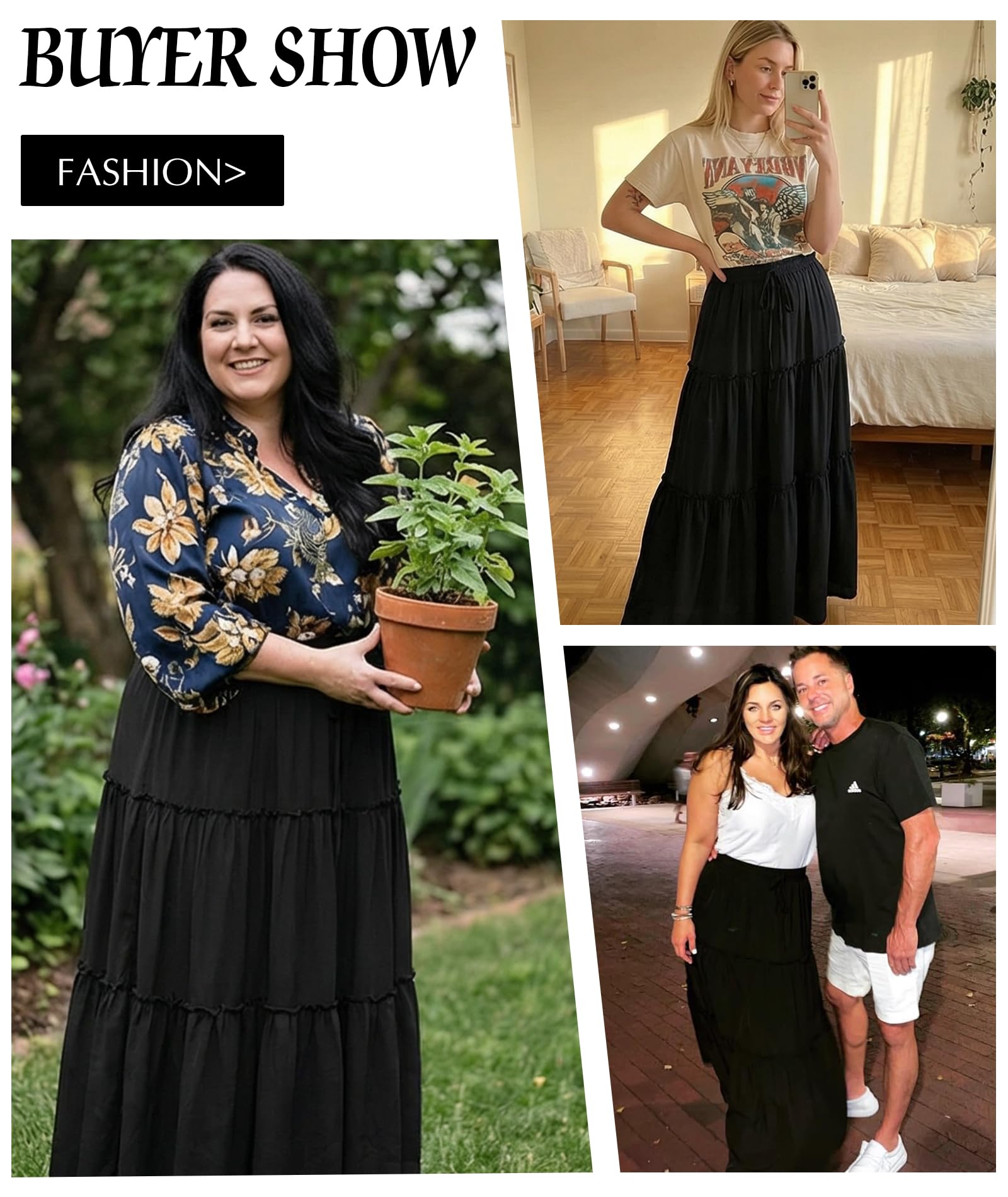 EARKOHA Trendy Lightweight Drawstring Tiered Ruffles Paisley Hippie Plus Size Bohemian Long Maxi Skirt with Deep Pockets for Office Music Festival Travel Picnic Dating Fall Outfits Black M