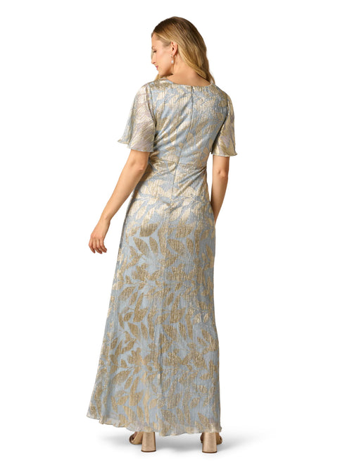 Adrianna Papell Women's Foil Leaf Draped Gown | Long Metallic Dress with Short Butterfly Sleeves & Front Leg Slit,Light Blue/Gold,4