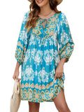 Qearal Loose Dress for Women Spring Summer Cute Floral Dress Casual Boho 3/4 Sleeve Fall Dresses Lake Blue XL