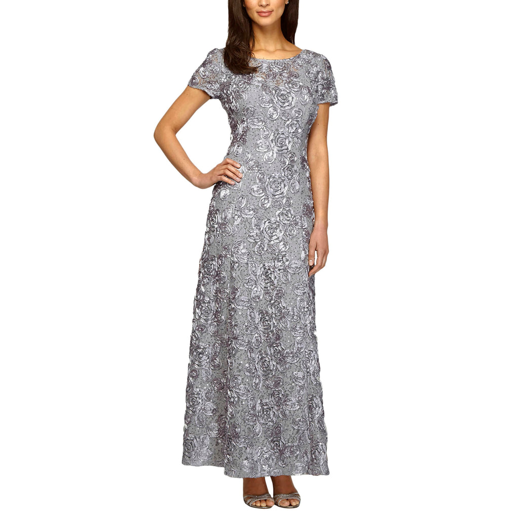 Alex Evenings Women's Long Rosette Mother of The Bride Dress with Short Sleeves, Wedding Guest, Dove, 6