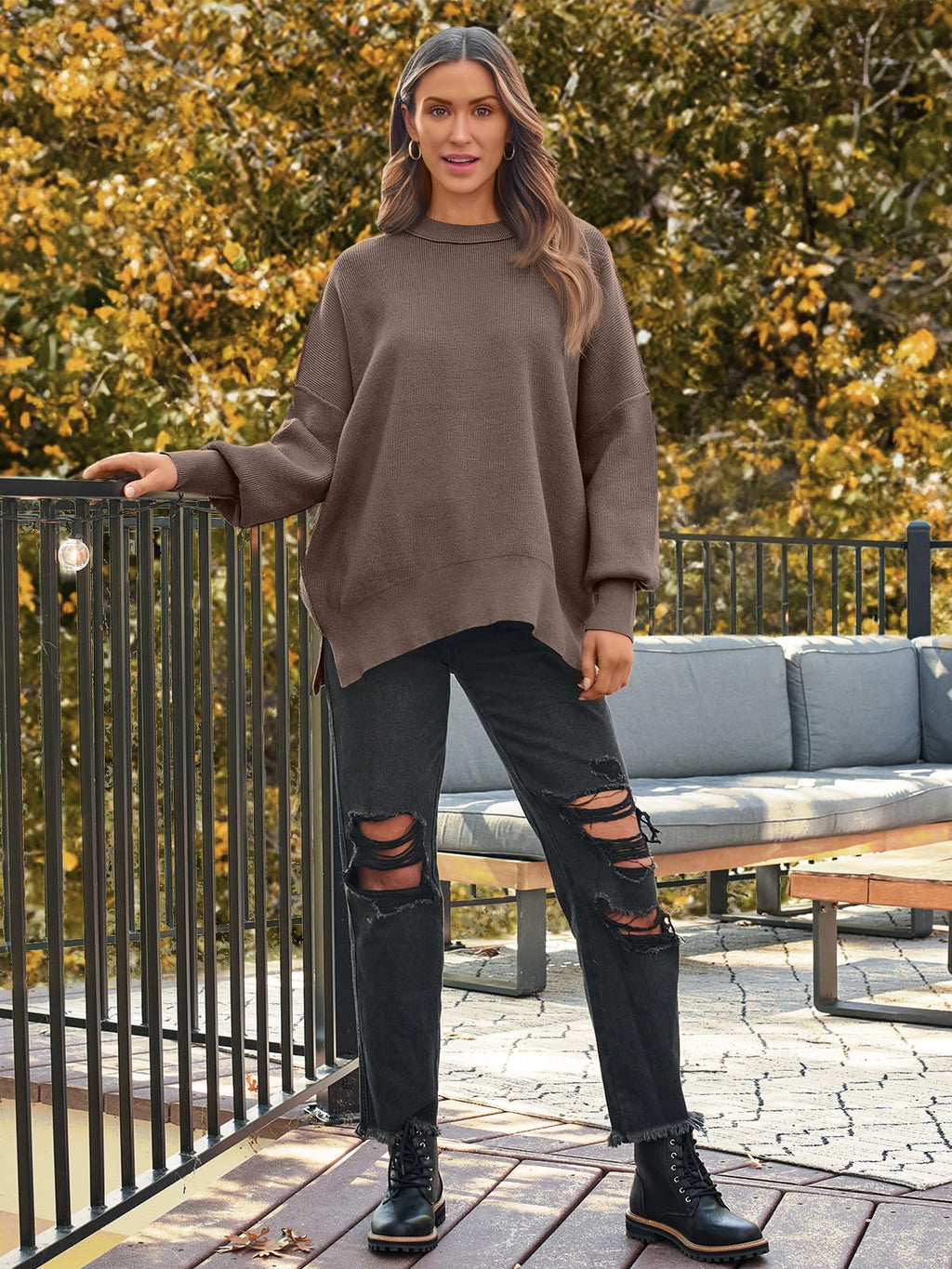 LILLUSORY Oversized Sweaters for Women 2025 Fall Fashion Outfits Trendy Crewneck Knit Cute Lightweight Sweater Pullover Tops Long Sleeve Shirts Winter Clothes Nutmeg L