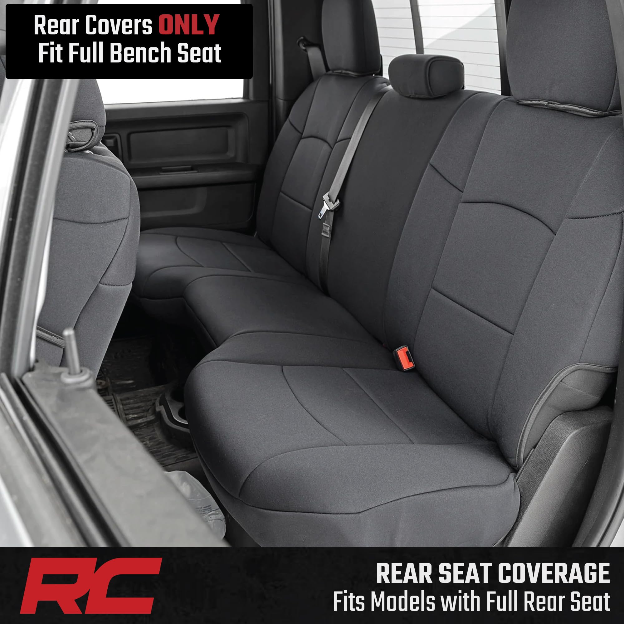 Rough Country Neoprene Seat Covers for Dodge Ram (2019-2024) - UV & Water Resistant, Foam Padded Truck Seat Covers - Full Set, Black, Front & Rear