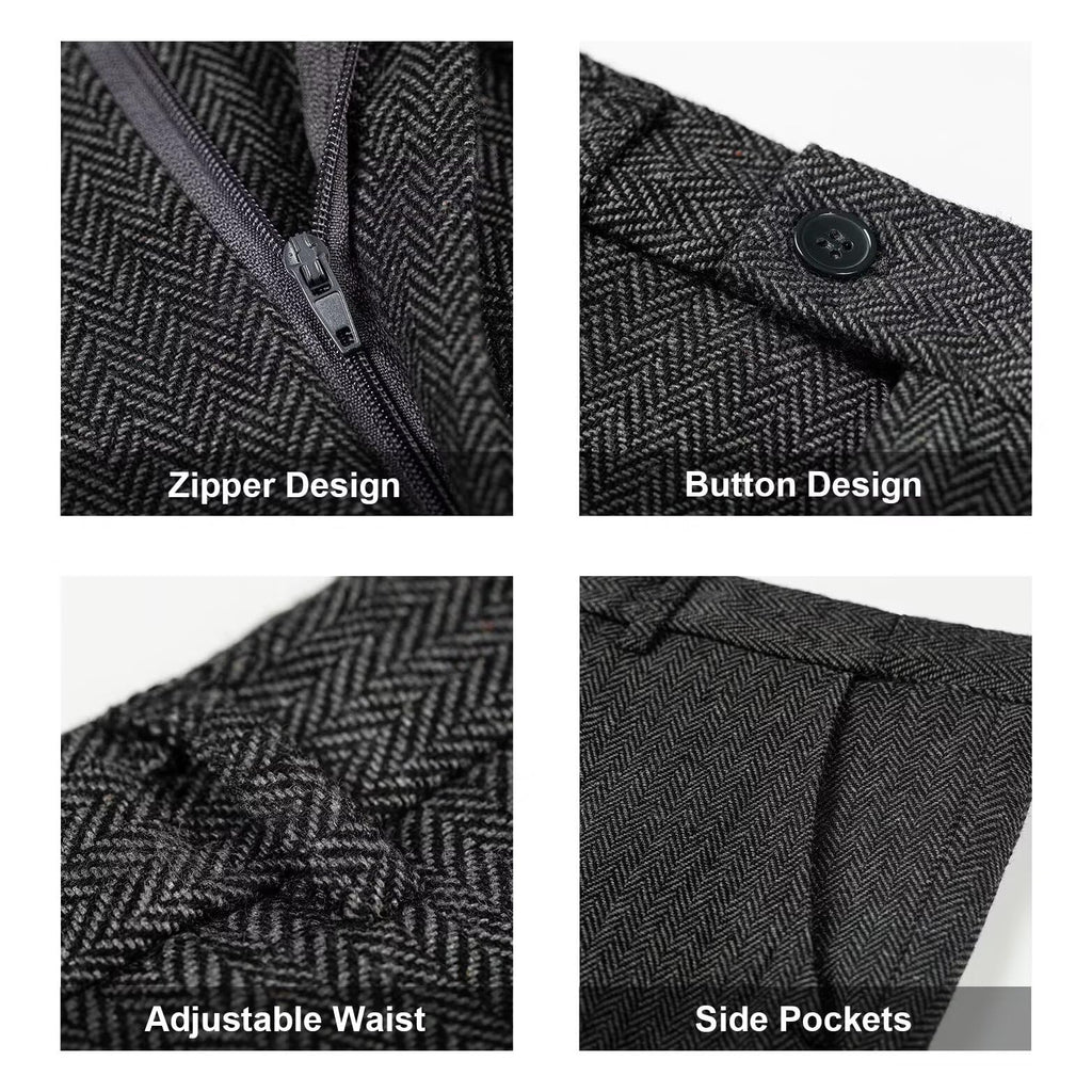 Herringbone Tweed 3 Piece Mens Suits Wool Blend Formal Party Dinner Tuxedo Set Business Suit Jacket Blazer Vest Pants for Men Grey Gray M