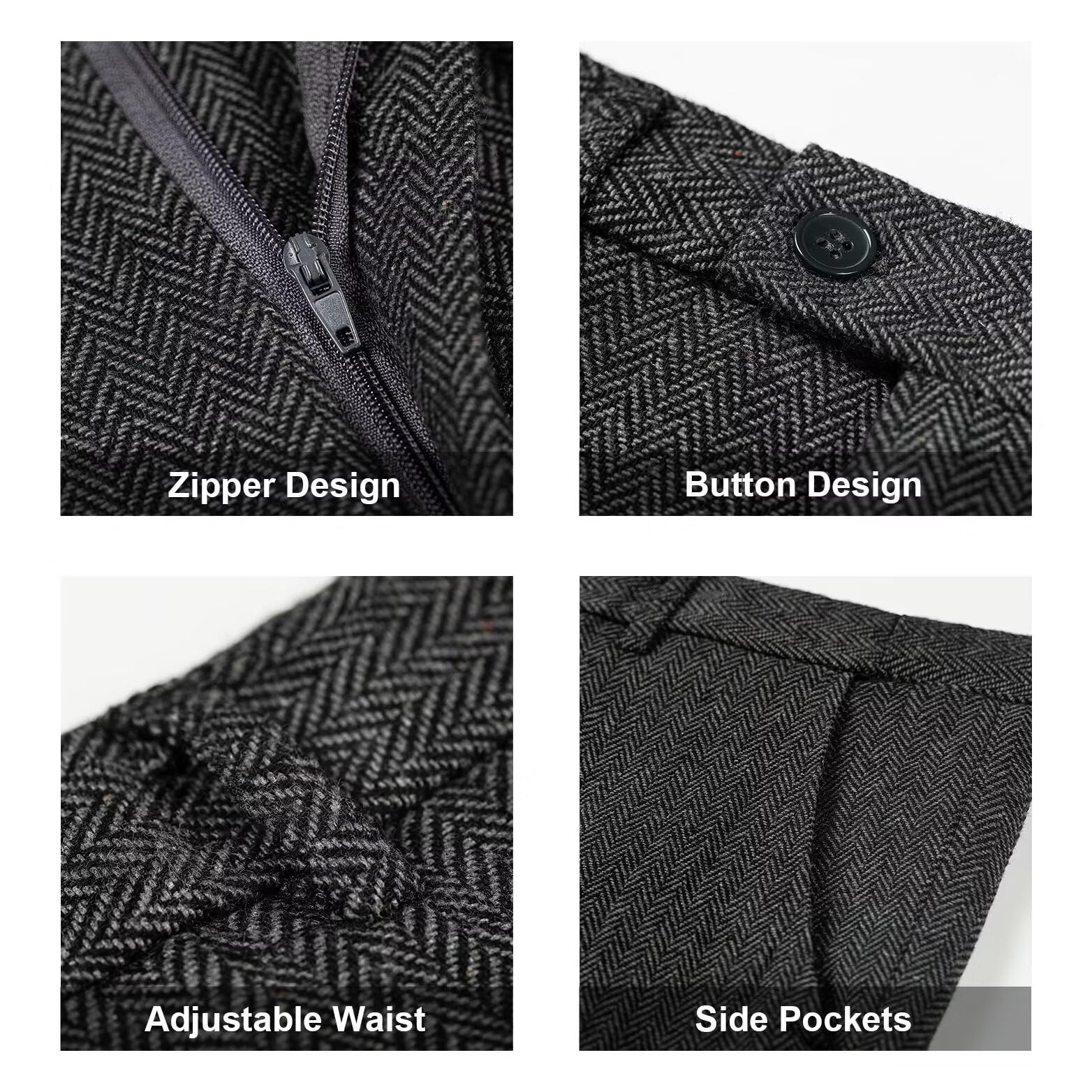 Herringbone Tweed 3 Piece Mens Suits Wool Blend Formal Party Dinner Tuxedo Set Business Suit Jacket Blazer Vest Pants for Men Grey Gray M