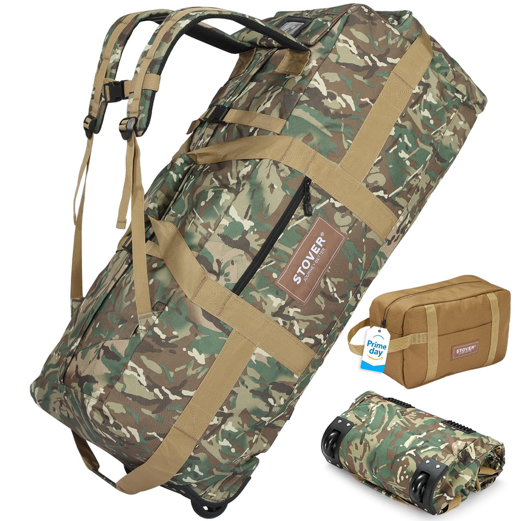 STOVER 45/80/100L Rolling Duffel Bag with Wheels, X-Large Durable Travel Duffle + Toiletry Bag, Heavy Duty, Packable with Shoulder Straps- Use as Luggage or Backpack (Camouflage)