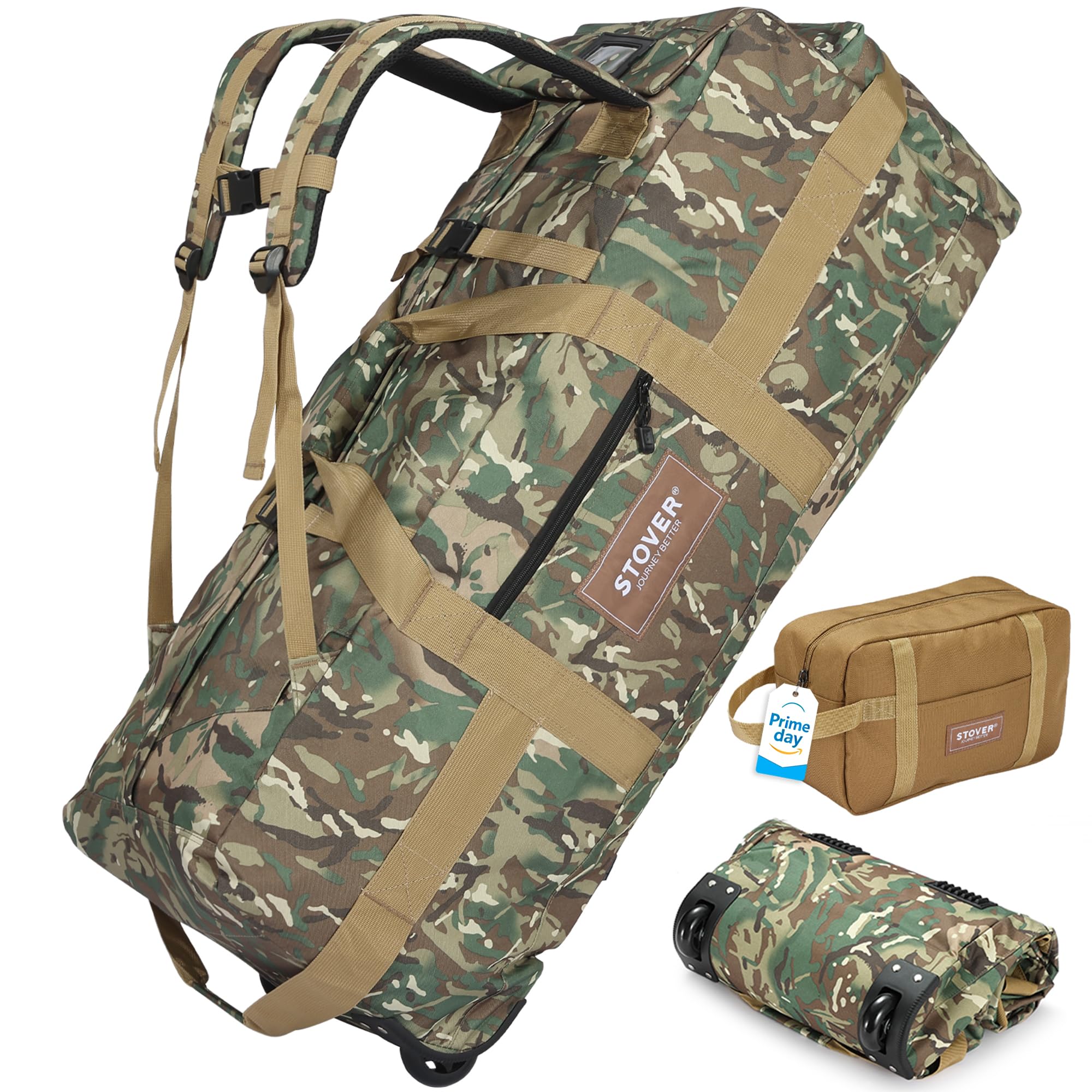 STOVER 45/80/100L Rolling Duffel Bag with Wheels, X-Large Durable Travel Duffle + Toiletry Bag, Heavy Duty, Packable with Shoulder Straps- Use as Luggage or Backpack (Camouflage)