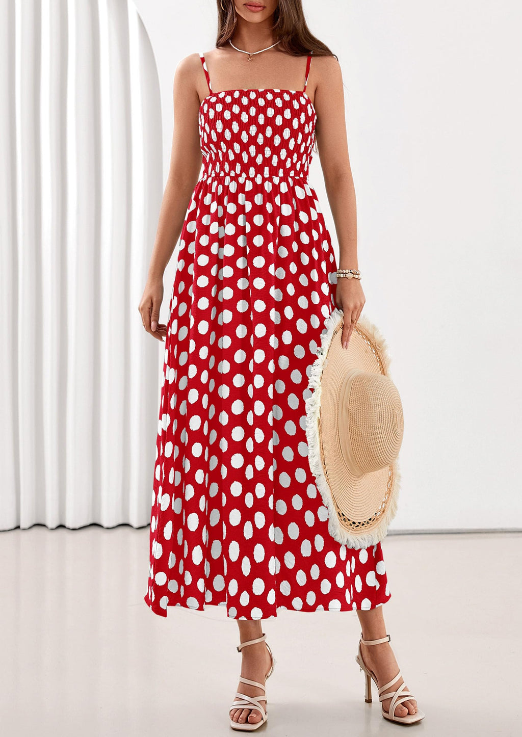 PRETTYGARDEN Womens Polka Dot Dress 2026 Summer Spaghetti Strap Smocked Sundress Beach Vacation Wedding Guest Midi Dresses(Red,X-Small)