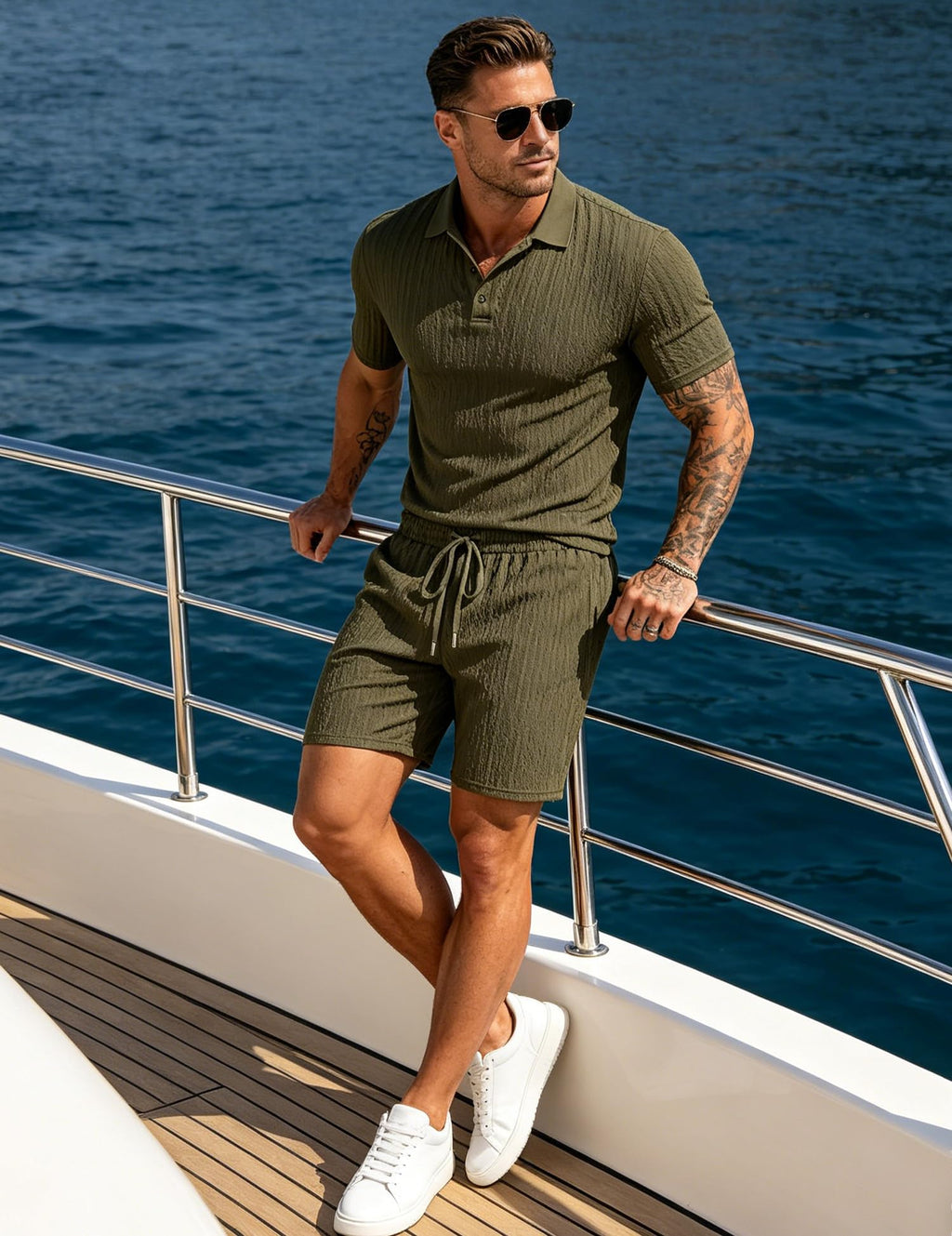 UOUA Mens Shorts Set Twisted Texture Polo Shirt & Shorts Casual 2 Piece Summer Outfits Short Sleeve Vacation Set Army-Green M