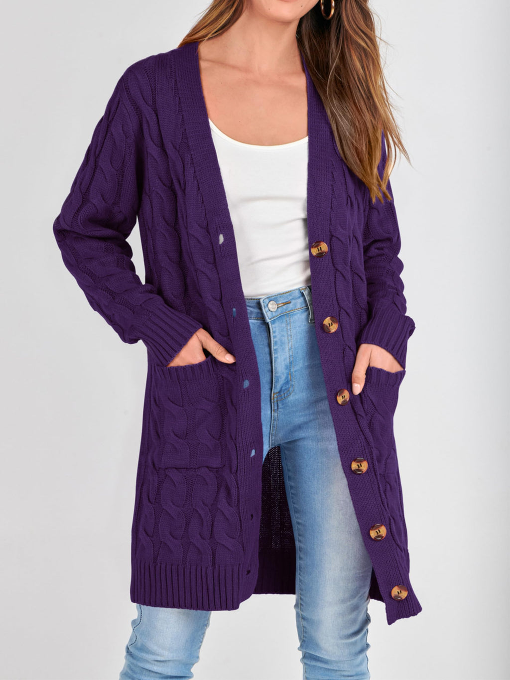 PRETTYGARDEN Long Sleeve Cable Knit Long Cardigan for Women 2026 Spring Winter Chunky Open Front Button Sweaters with Pockets (Deep Purple, Small)