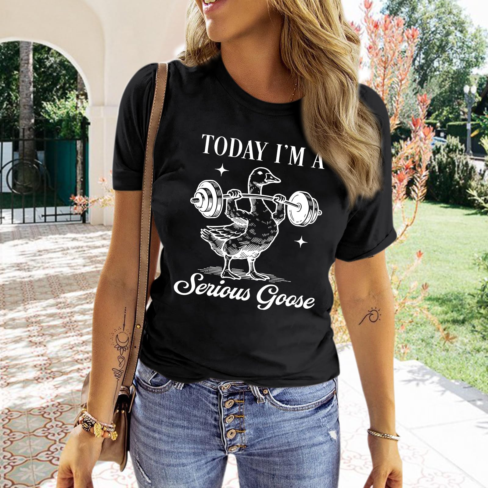 Cayxatiu Today I'm A Serious Goose Shirt Funny Silly Goose T Shirts for Women Gym Weightlifting Tshirt Cute Graphic Tees(Black,M)