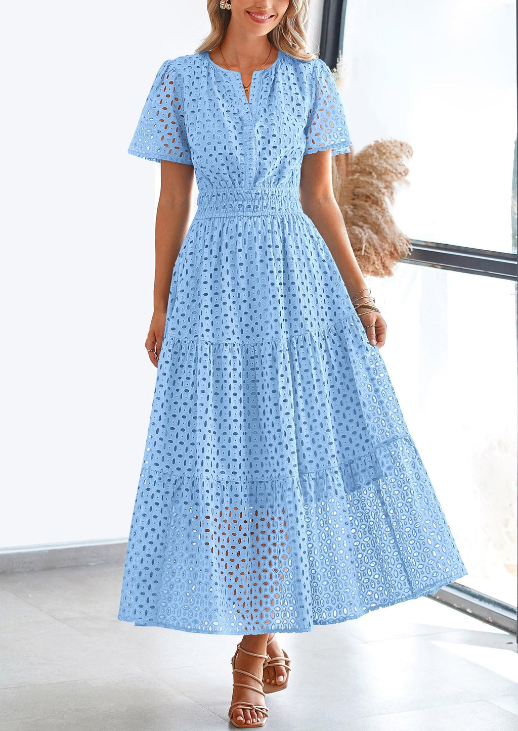 PRETTYGARDEN Womens 2025 Summer Maxi Dress Short Sleeve V Neck Hollow Out Eyelet A Line Long Flowy Beach Vacation Dresses (Light Blue,Medium)