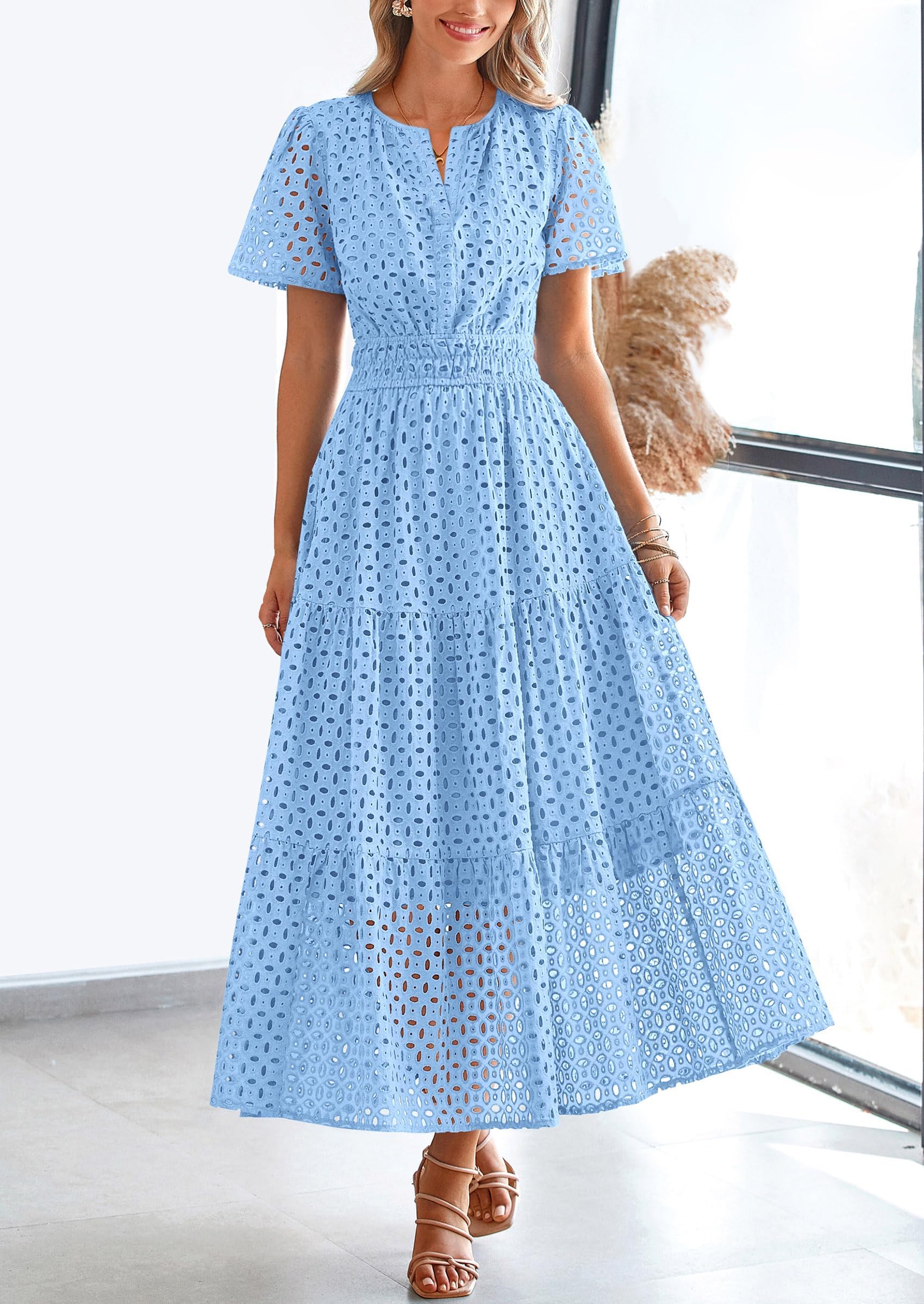 PRETTYGARDEN Womens 2025 Summer Maxi Dress Short Sleeve V Neck Hollow Out Eyelet A Line Long Flowy Beach Vacation Dresses (Light Blue,Medium)