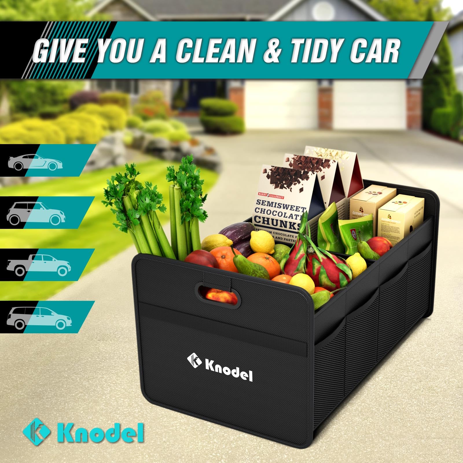 K KNODEL Car Trunk Organizer, Foldable Organizer for Car, Automotive Consoles & Organizers, Storage with Reinforced Handles (Small, Black)