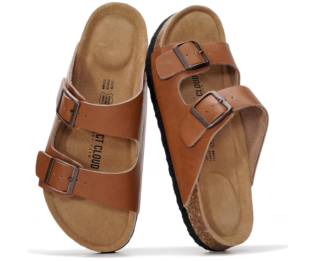 Project Cloud 100% Genuine Leather Flat Sandals For Women 2026 Cork Footbed Womens Sandals with Memory Foam and arch support Vacation Essentials Slides for Women Footwear (Venita, Cognac, 5.5)
