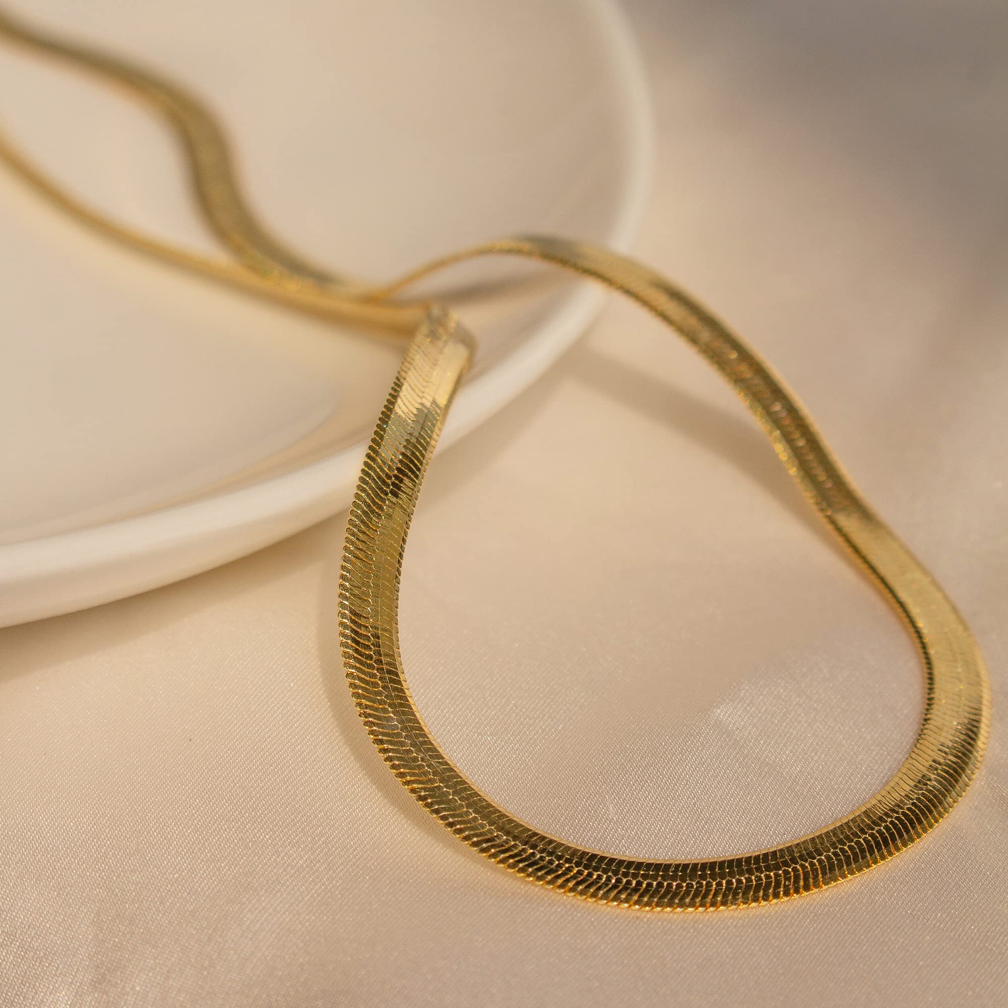 CHESKY Herringbone Necklace for Women, Dainty Gold Chain Necklace 14k Gold Plated 5MM Flat Snake Chain Necklaces Thick Chunky Chain Choker Necklaces for Women jewelry
