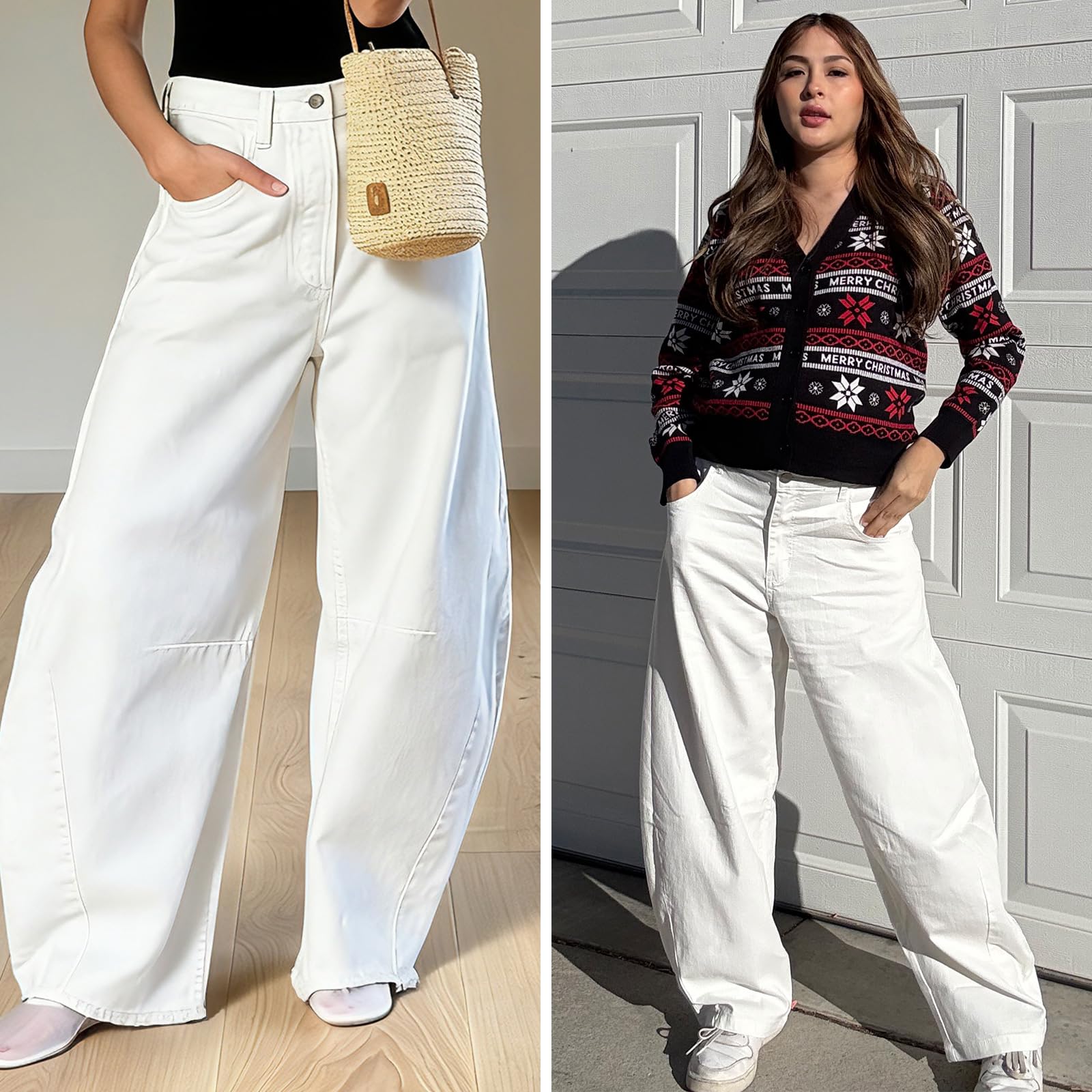EXLURA Womens Barrel Jeans Wide Leg Y2K Boyfriend Denim Pants Hip Hop Vintage Baggy Jeans Cotton Mid-Low Elastic Waist Pants White