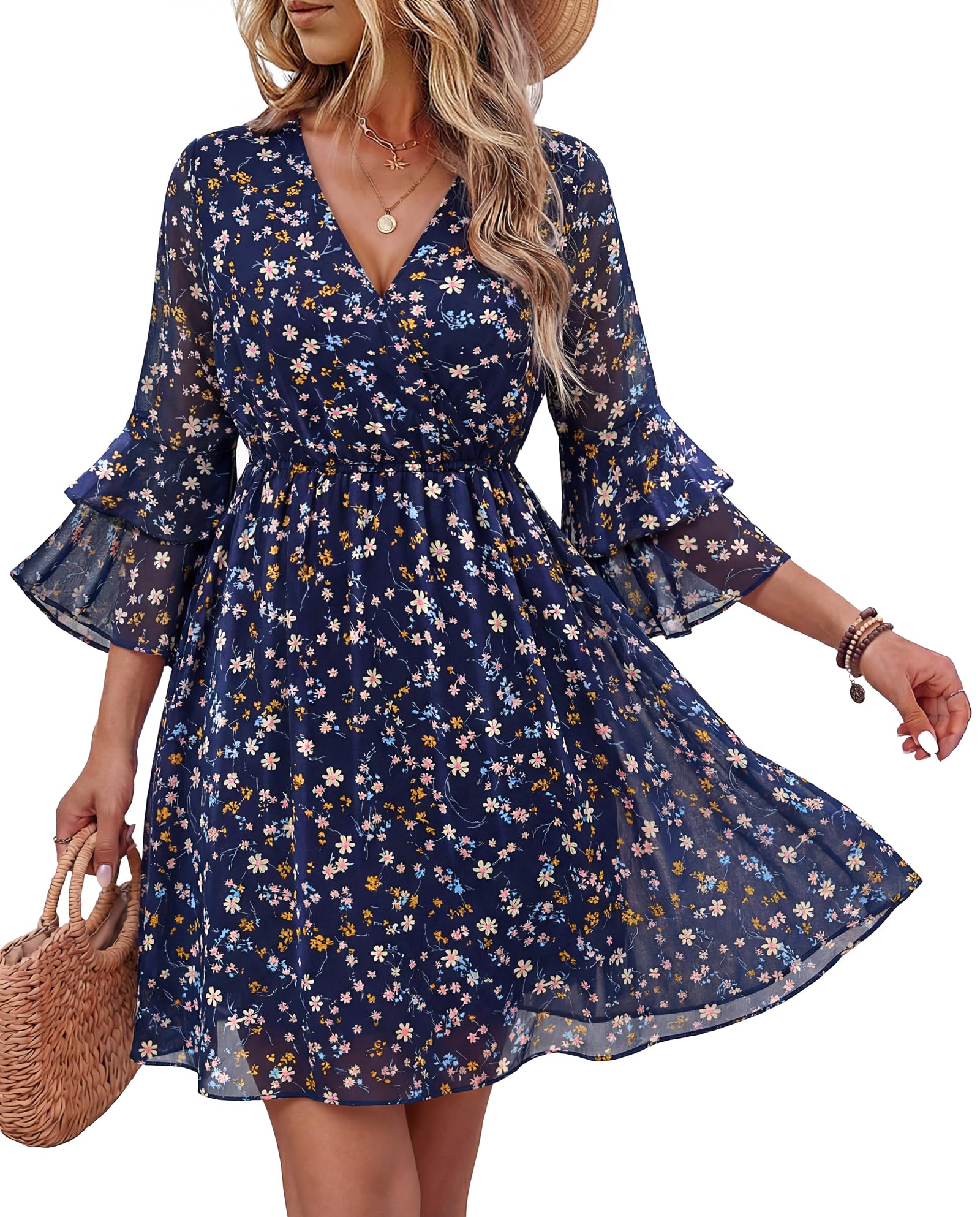 Bebonnie Country Concert Outfits for Women: Curvy Women Bell Sleeve Music Festival Graduation Garden Party Dress Casual Business Work Teacher Boho Swing A Line Dresses for Coachella Multi Blue XXL