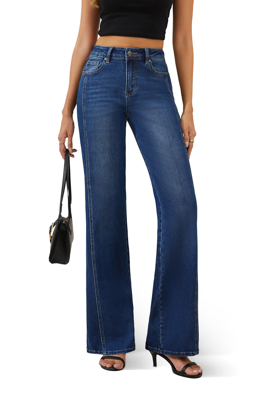 FLYING BANANA Women's Trendy High Waisted Wide Leg Jeans Stretchy Denim Pants (Medium Blue, 16 Long)