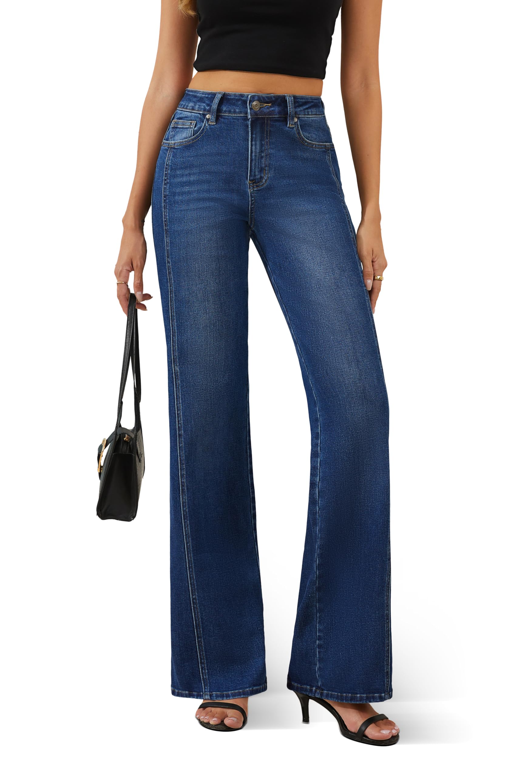 FLYING BANANA Women's Trendy High Waisted Wide Leg Jeans Stretchy Denim Pants (Medium Blue, 16 Long)