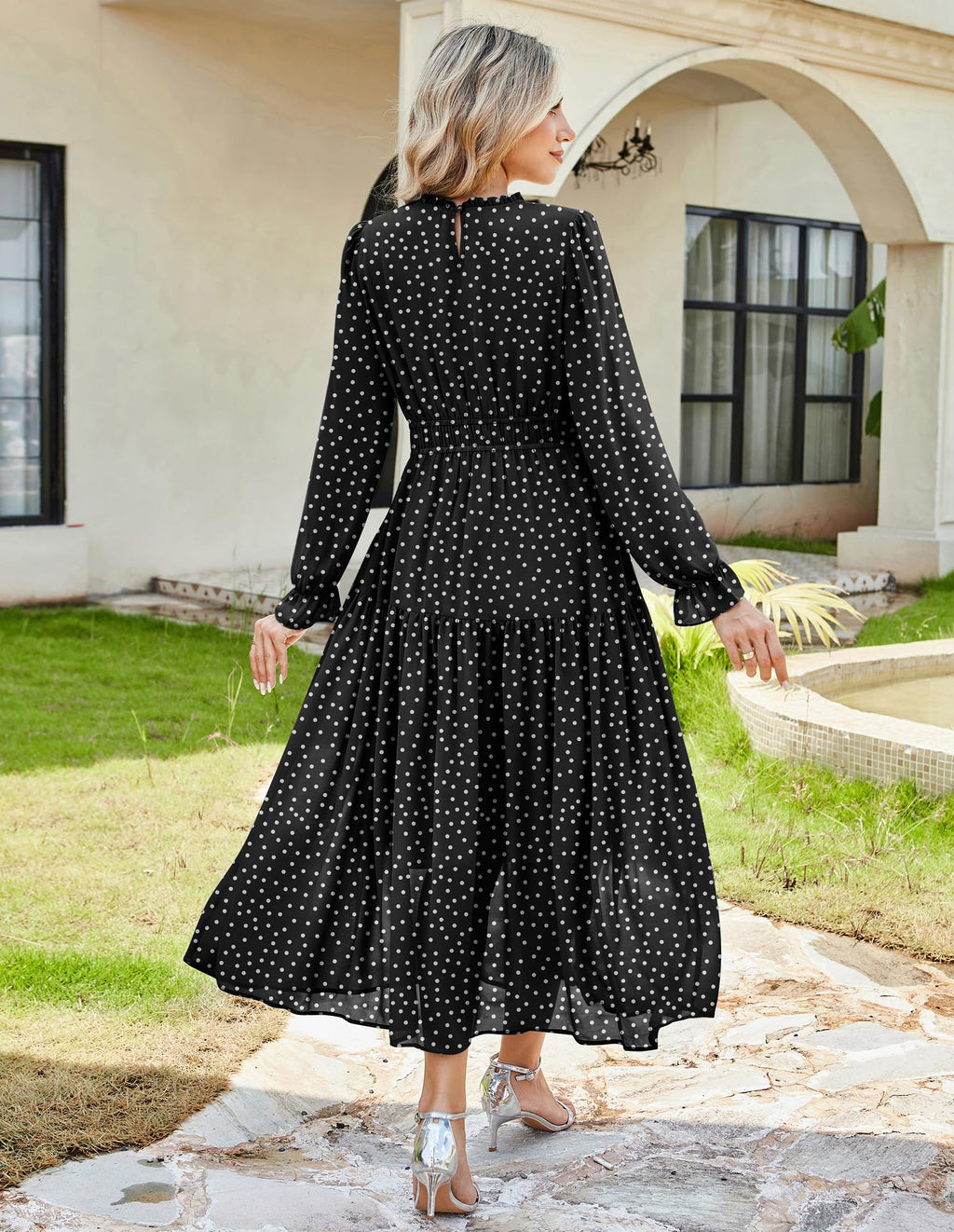 GRACE KARIN Fall Wedding Guest Dresses for Women Round Neck Long Sleeve Dress Floral Tiered Maxi Dress with Pockets Black XL