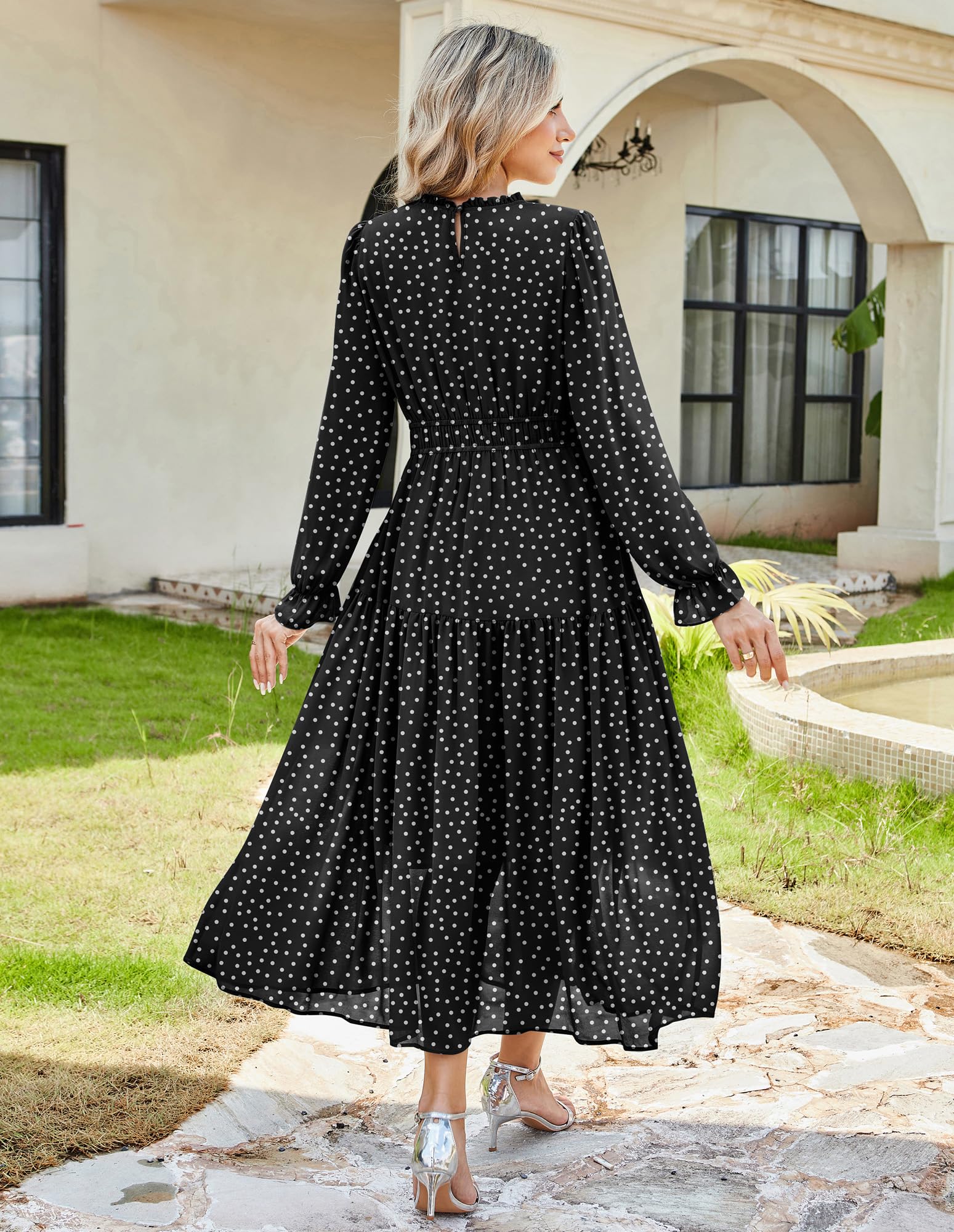 GRACE KARIN Fall Wedding Guest Dresses for Women Round Neck Long Sleeve Dress Floral Tiered Maxi Dress with Pockets Black XL