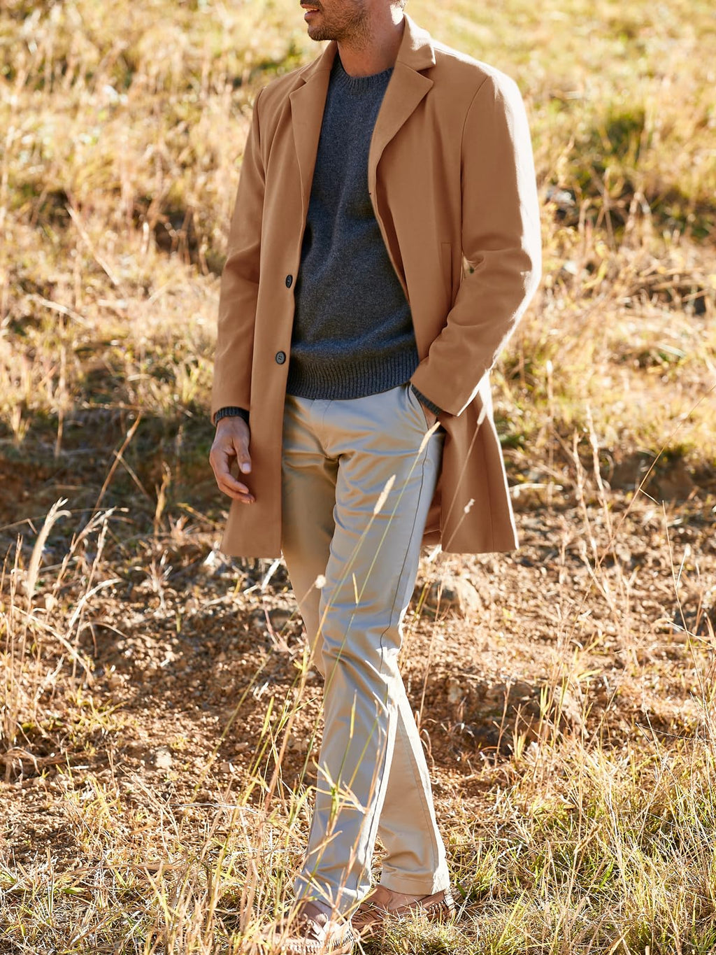 PASLTER Mens Cotton Business Trench Topcoats Winter Heavyweight Warm Single Breasted Coats Khaki