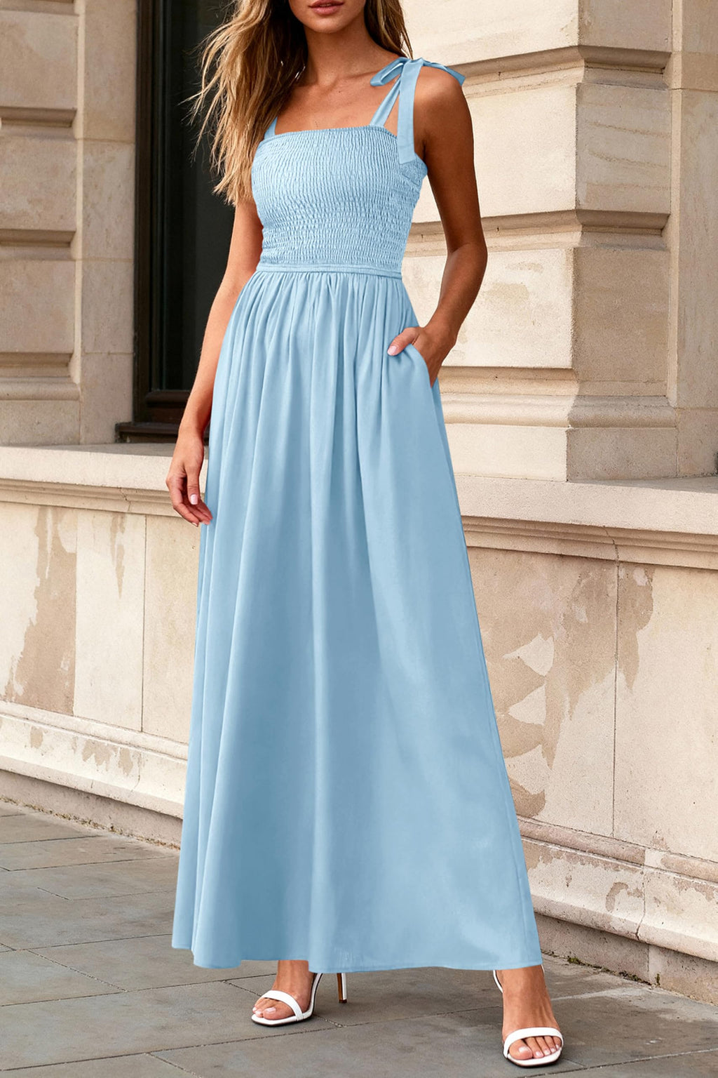 PRETTYGARDEN Womens Summer Dresses 2026 Sleeveless Smocked Maxi Dress Boho Spaghetti Strap A Line Flowy Beach Long Sundresses(Light Blue,Small)