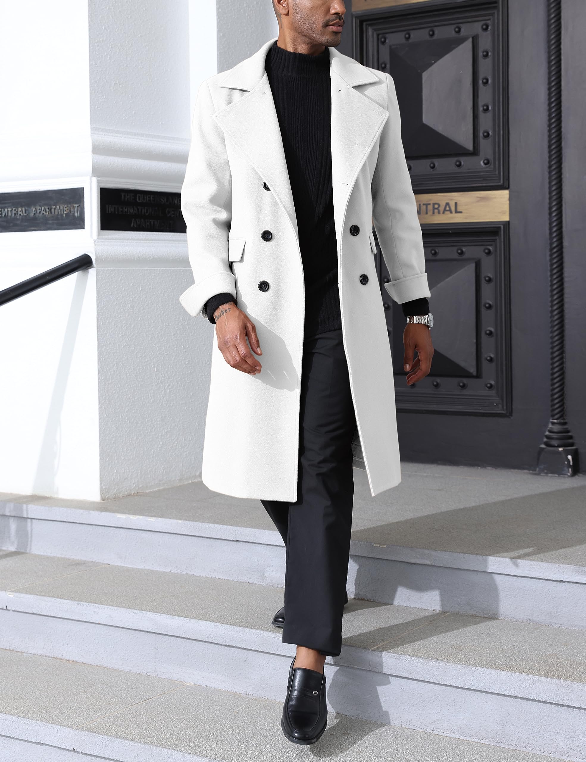 Springrain Men's Pea Coat Double Breasted Overcoat Lapel Coat Classic Long Trench Coat(White-S)