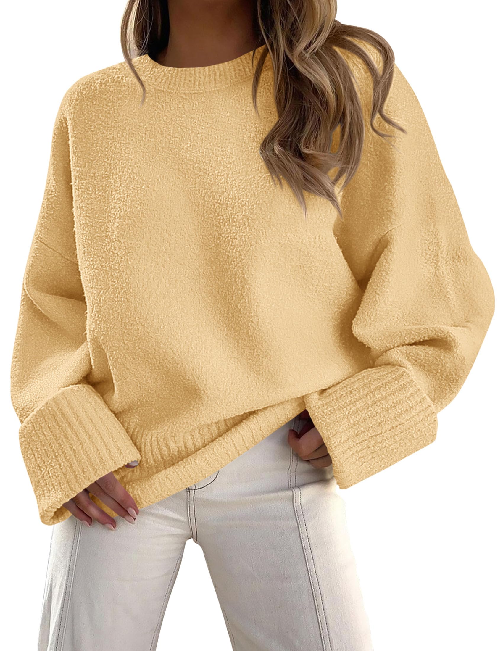 PRETTYGARDEN Women's Fall Oversized Sweaters Casual Crewneck Pullover Long Sleeve Fuzzy Chunky Knit Tops Blouse (Yellow,Small)