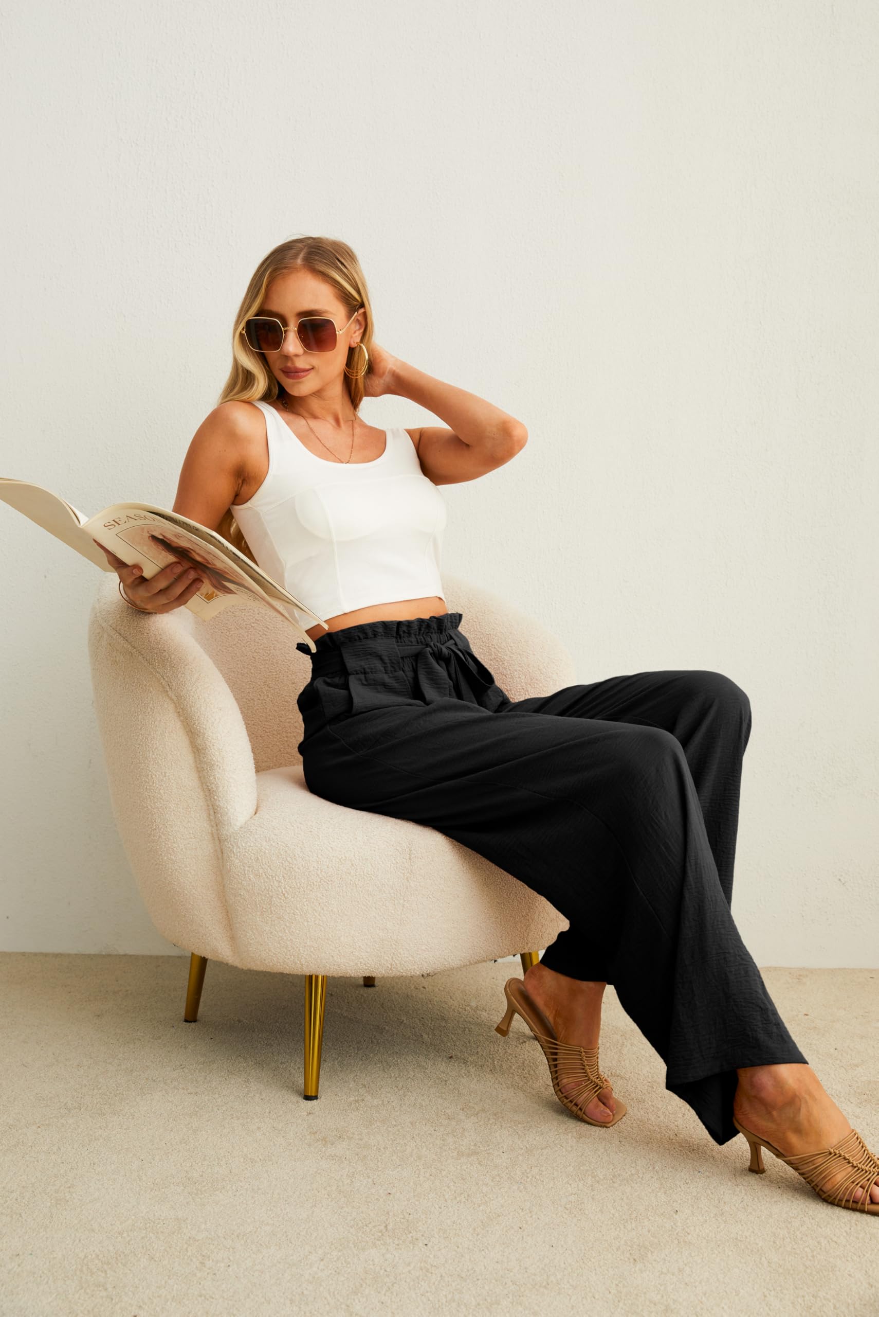 IWOLLENCE Women's Wide Leg Pants with Pockets High Waist Adjustable Knot Loose Casual Trousers Business Work Casual Pants Black Large