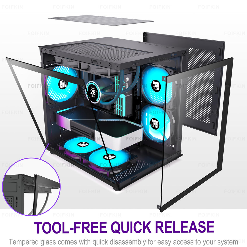 FOIFKIN F100 PC Case - Pre-Installed 3 ARGB Fan, Micro-ATX Gaming PC Case, 270° Panoramic Glass with USB 3.0, FOIFKIN (Black)
