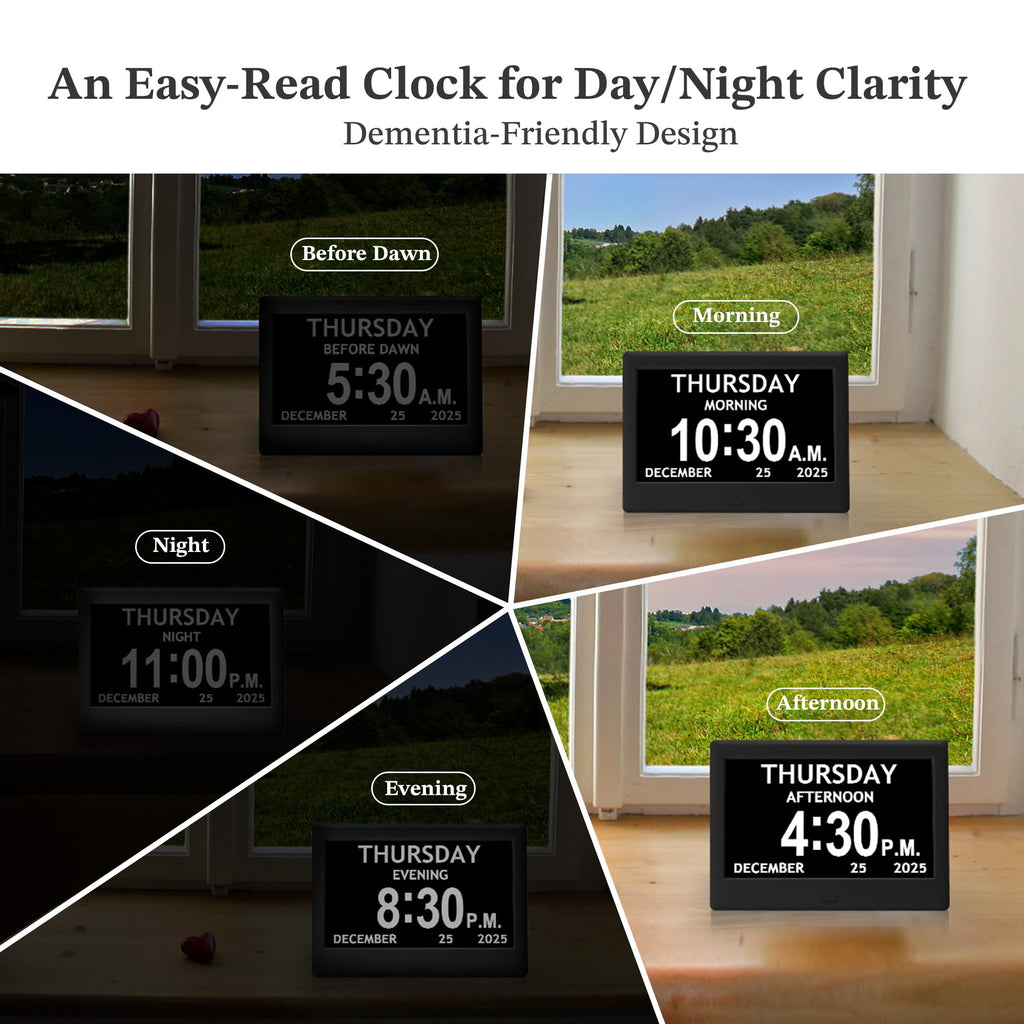 7'' Dementia Clock For Seniors, Large Display Digital Clock With Date, Time, Day Of Week for Elderly, Memory Loss, Alzheimer, 1024*600P HD, 10 Reminders & 6 Alarms, Auto Dimming & DST, Remote Control