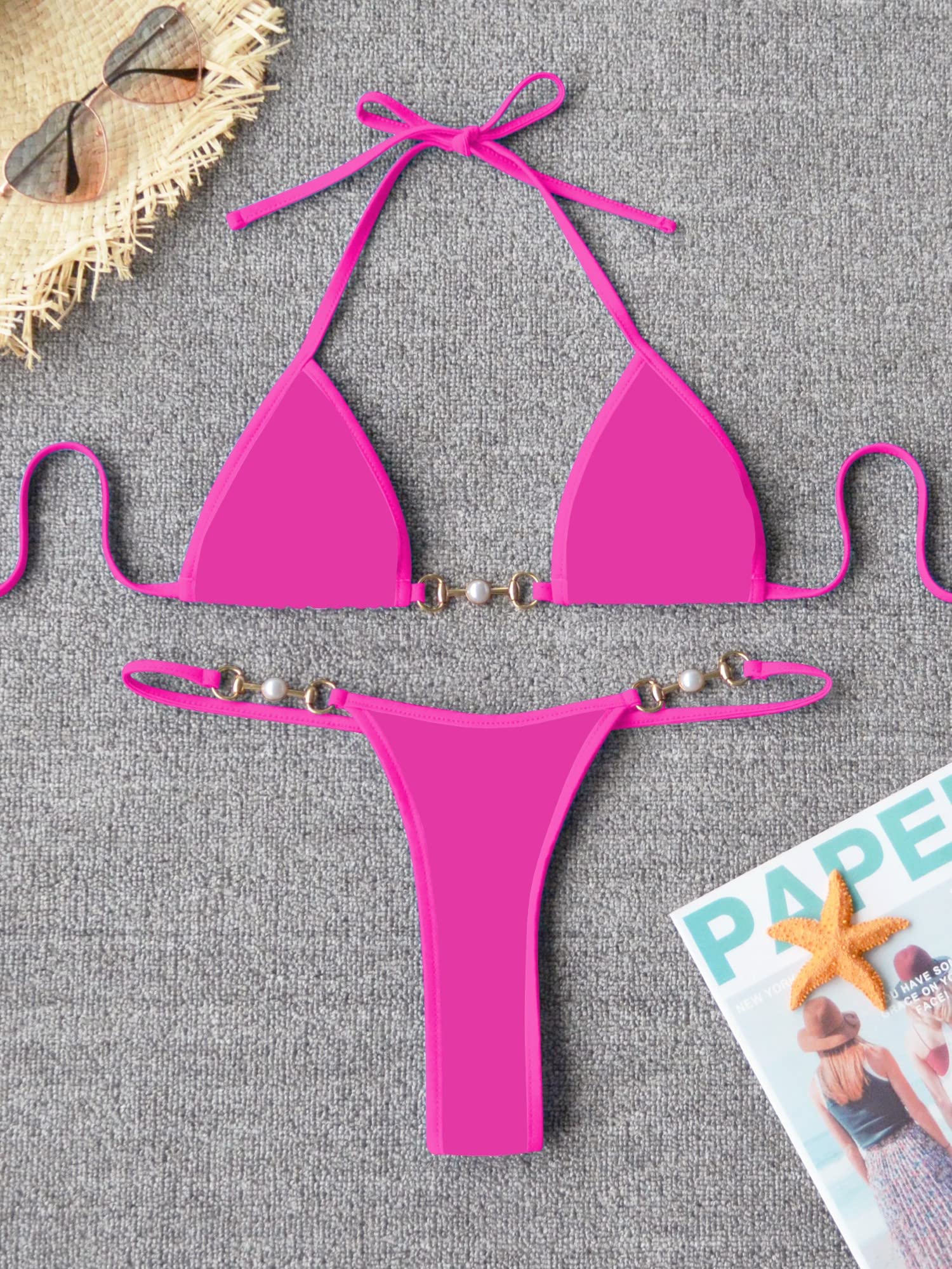TASHEHE Women's Triangle Thong Bikini Set Sexy Brazillian Two Piece Swimsuit String Bathing Suit - Rose Red - Small