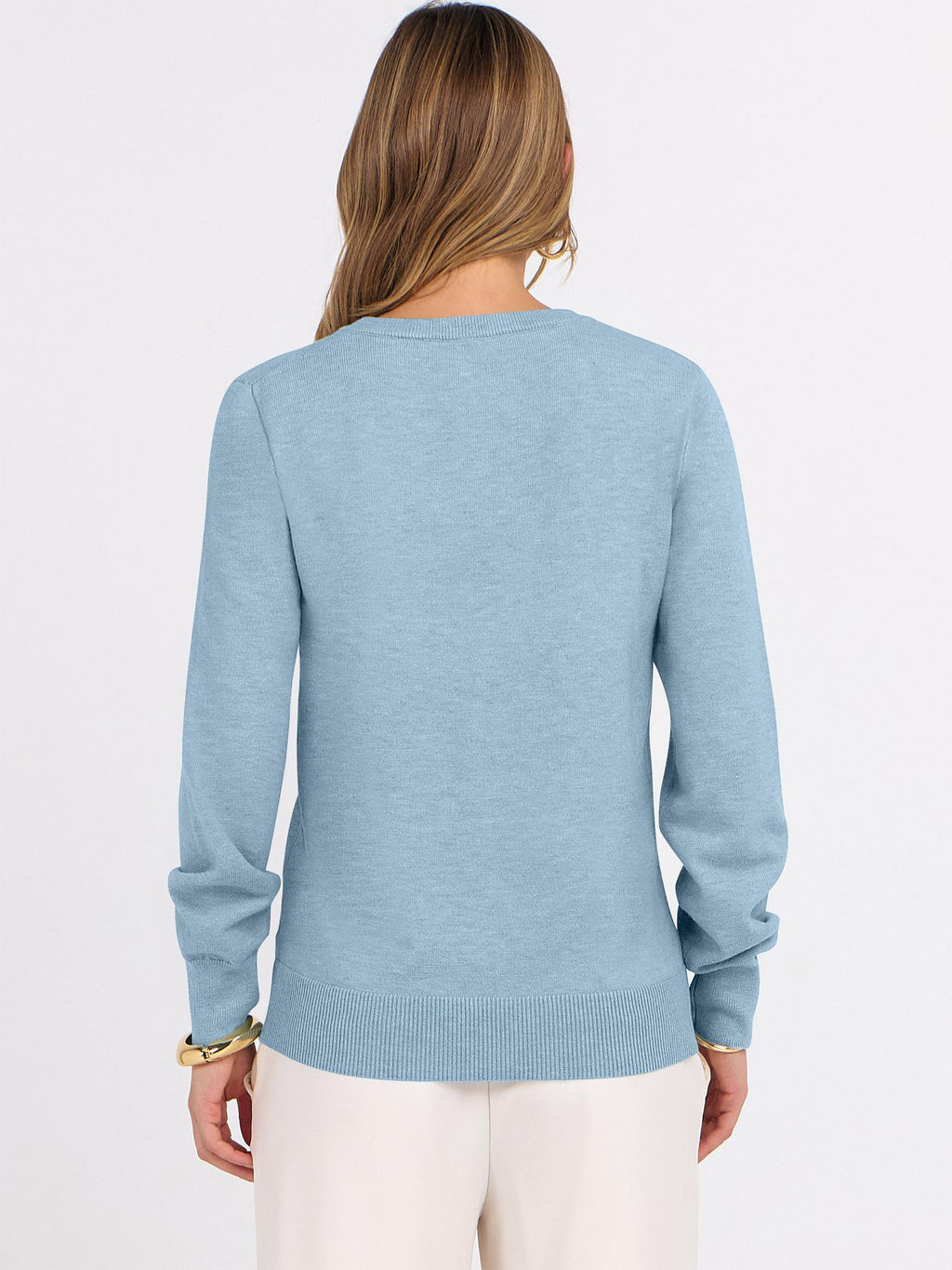 ANRABESS Womens Long Sleeve V Neck Sweaters 2025 Fall Casual Classic Soft Loose Fit Basic Pullover Jumper Top Light Blue Medium