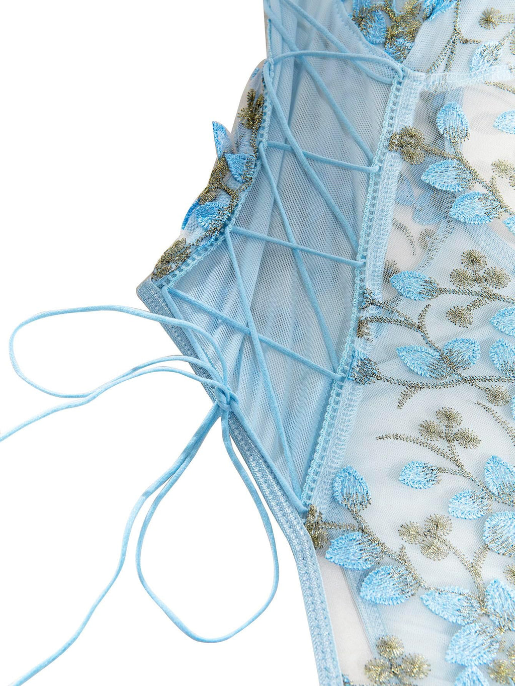 Lilosy Women Sexy Lace Up Floral Embroidered Teddy Babydoll Lingerie Bodysuit Top Mesh Sheer One Piece See Through Light Blue Medium